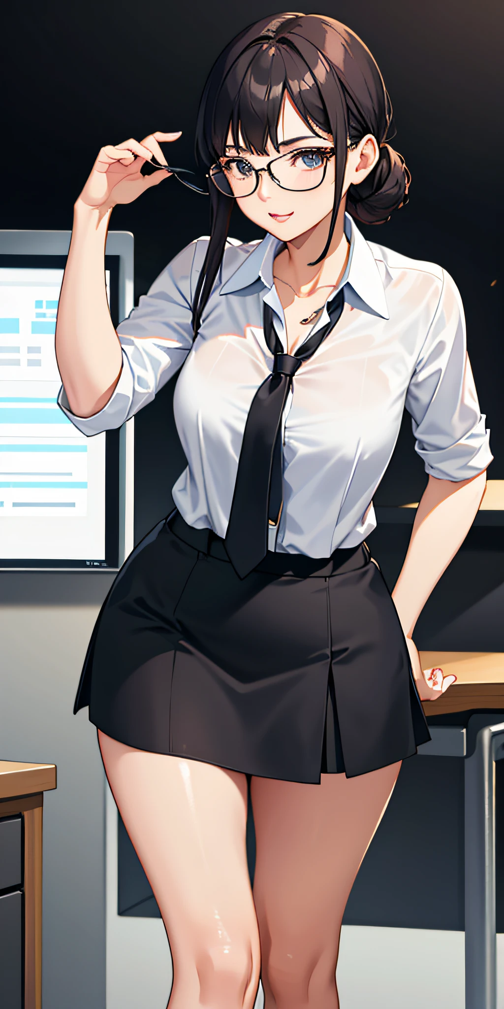 Elegant seasoned female teacher with glasses short skirt black stockings playfully dressed as an office worker, plump chest and