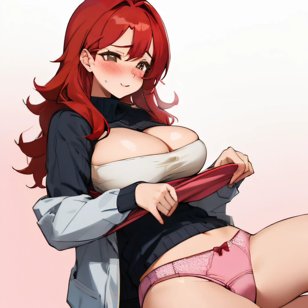 holding panties, blush, pee stain, big breasts, 1girl, redhead, pink panties