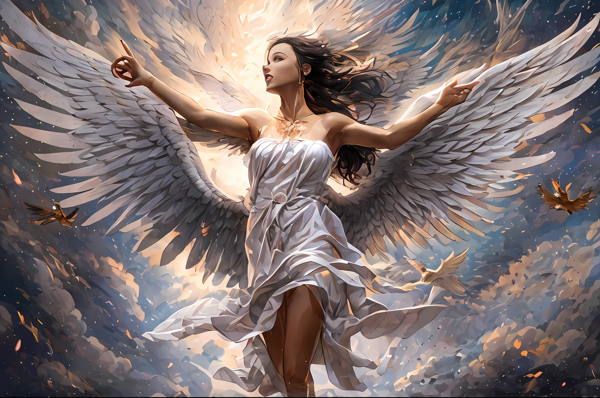 there is a woman that is flying in the air with a bird, female ascending into the sky, flying angels, with wings, spreading her wings, winged human, big angel wings wide open, girl with angel wings, icarus falling from the sky, she is approaching heaven, as a mystical valkyrie, with real wings, angel with black wings