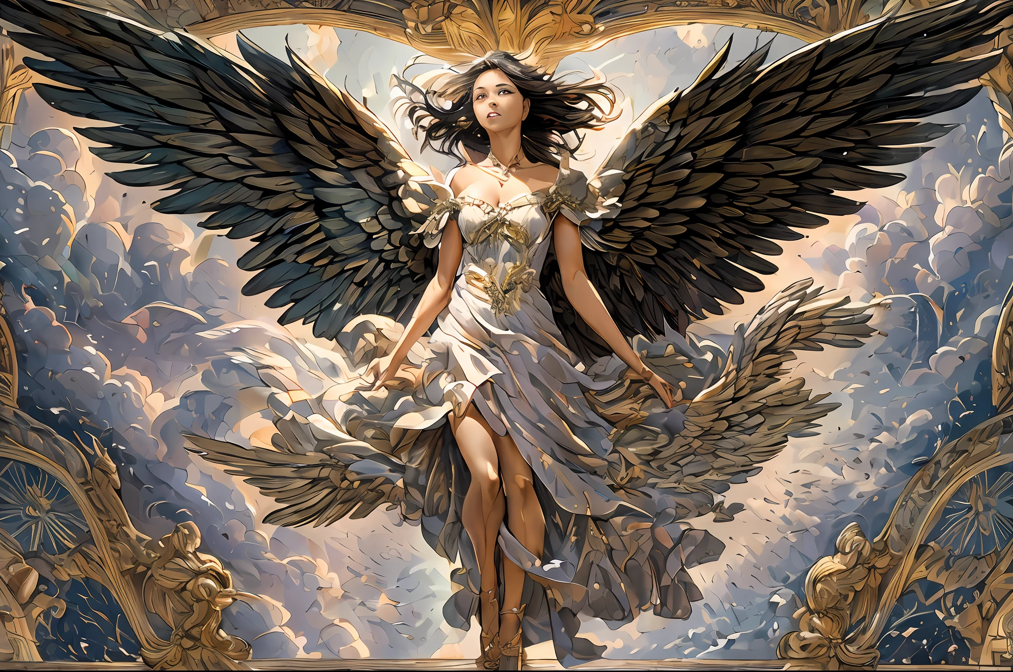 there is a woman that is flying in the air with a bird, female ascending into the sky, flying angels, with wings, spreading her wings, winged human, big angel wings wide open, girl with angel wings, icarus falling from the sky, she is approaching heaven, as a mystical valkyrie, with real wings, angel with black wings