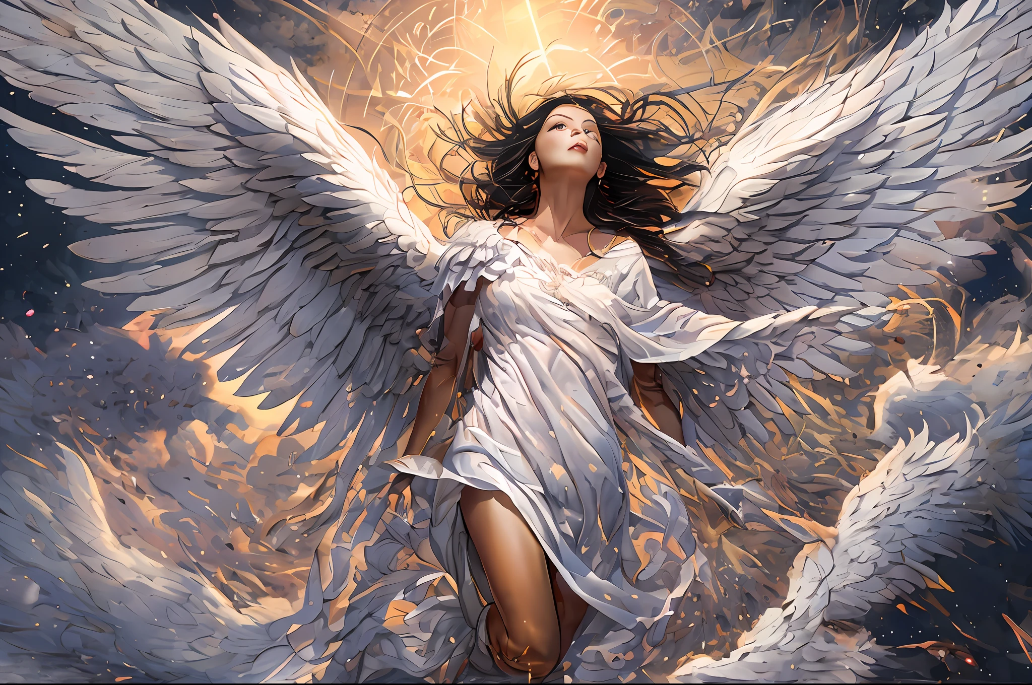 there is a woman that is flying in the air with a bird, female ascending into the sky, flying angels, with wings, spreading her wings, winged human, big angel wings wide open, girl with angel wings, icarus falling from the sky, she is approaching heaven, as a mystical valkyrie, with real wings, angel with black wings