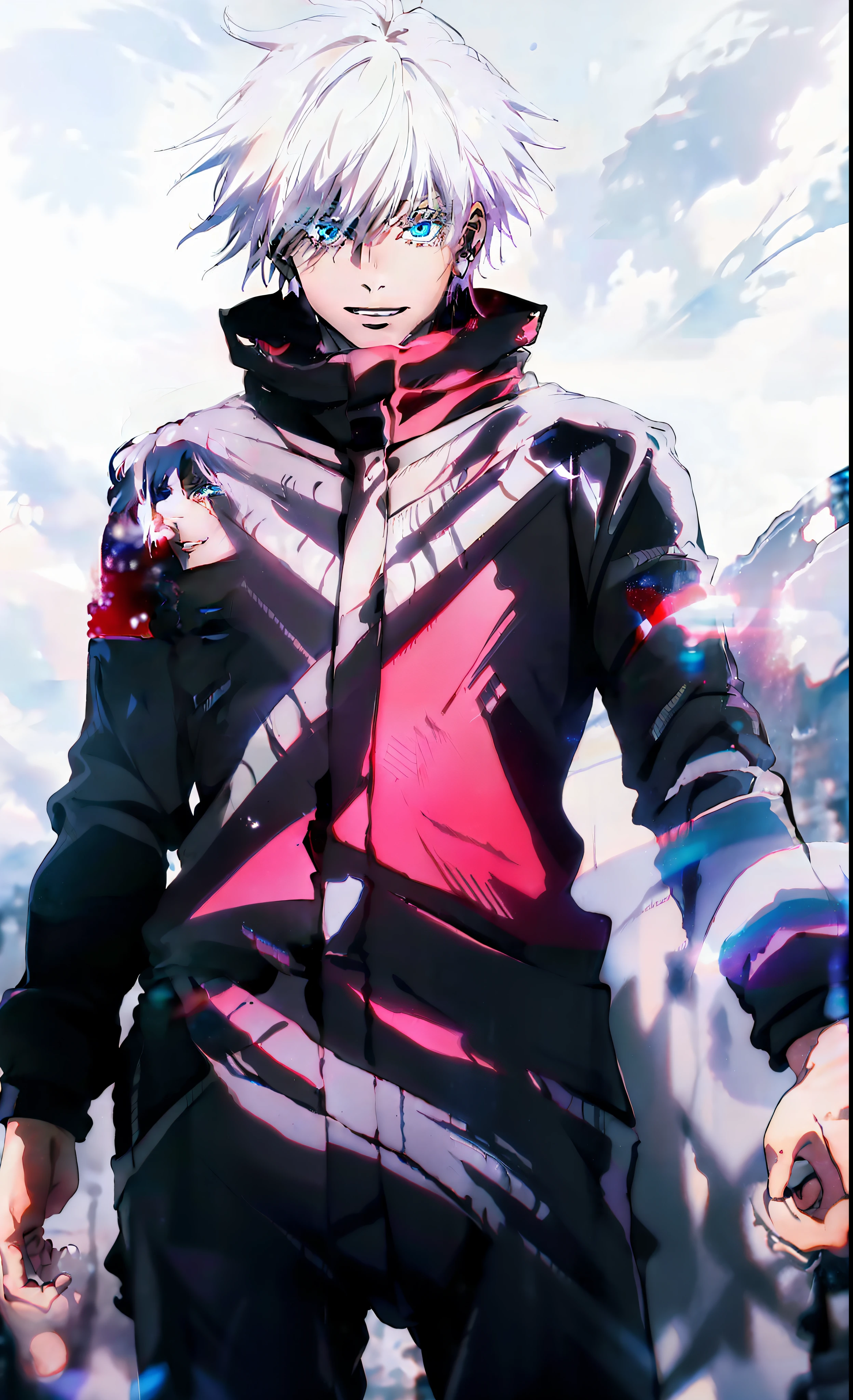 top-quality,Masterpiece,high-level image quality,8k,1 male,独奏,white hair,((Black clothes)),Light blue eyes,Detailed eye description,cowboy shot,full bodyesbian,Standing,Crazy smile,((White background,without background))