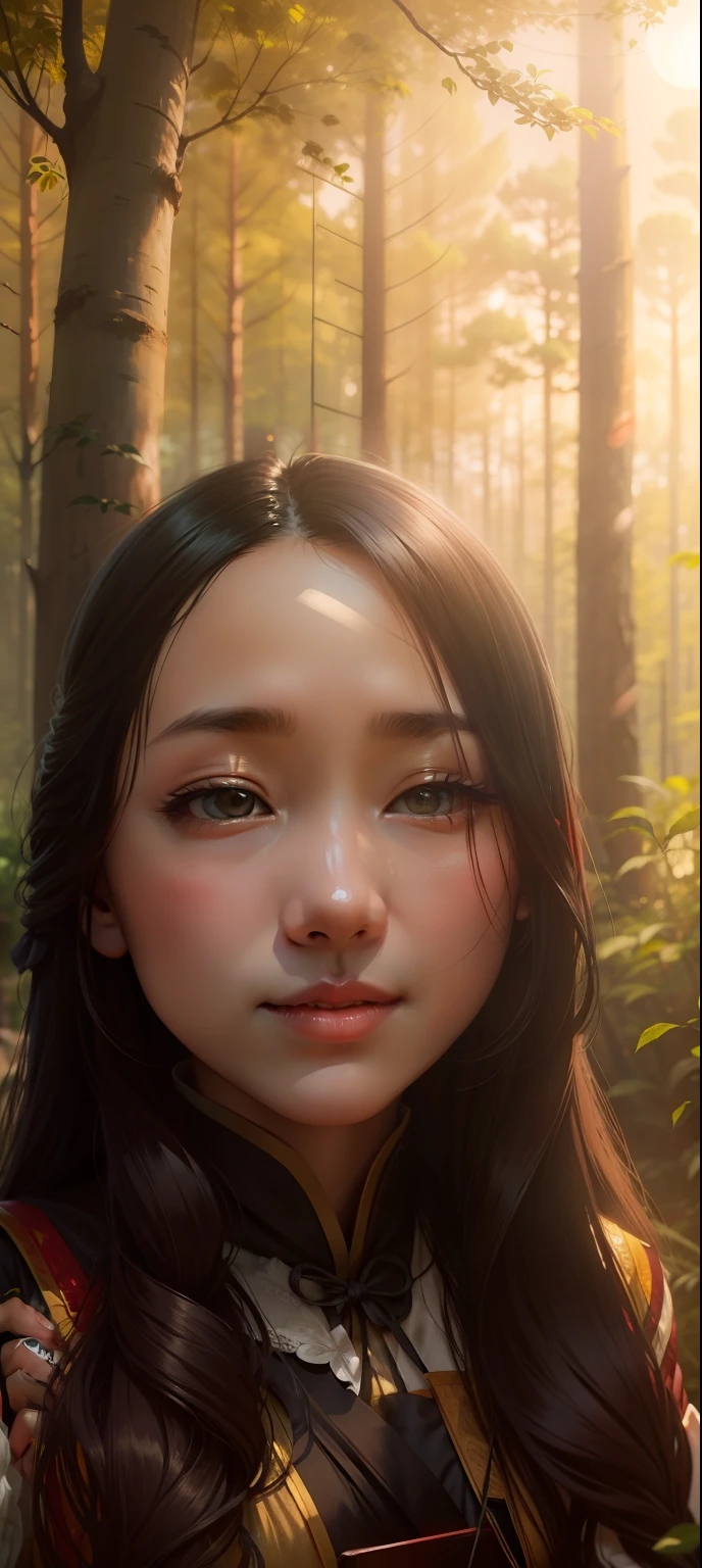 Secluded forest,the setting sun,Tea-drinking girl,Hanfu,Quiet,Leisure,Wide-angle photography