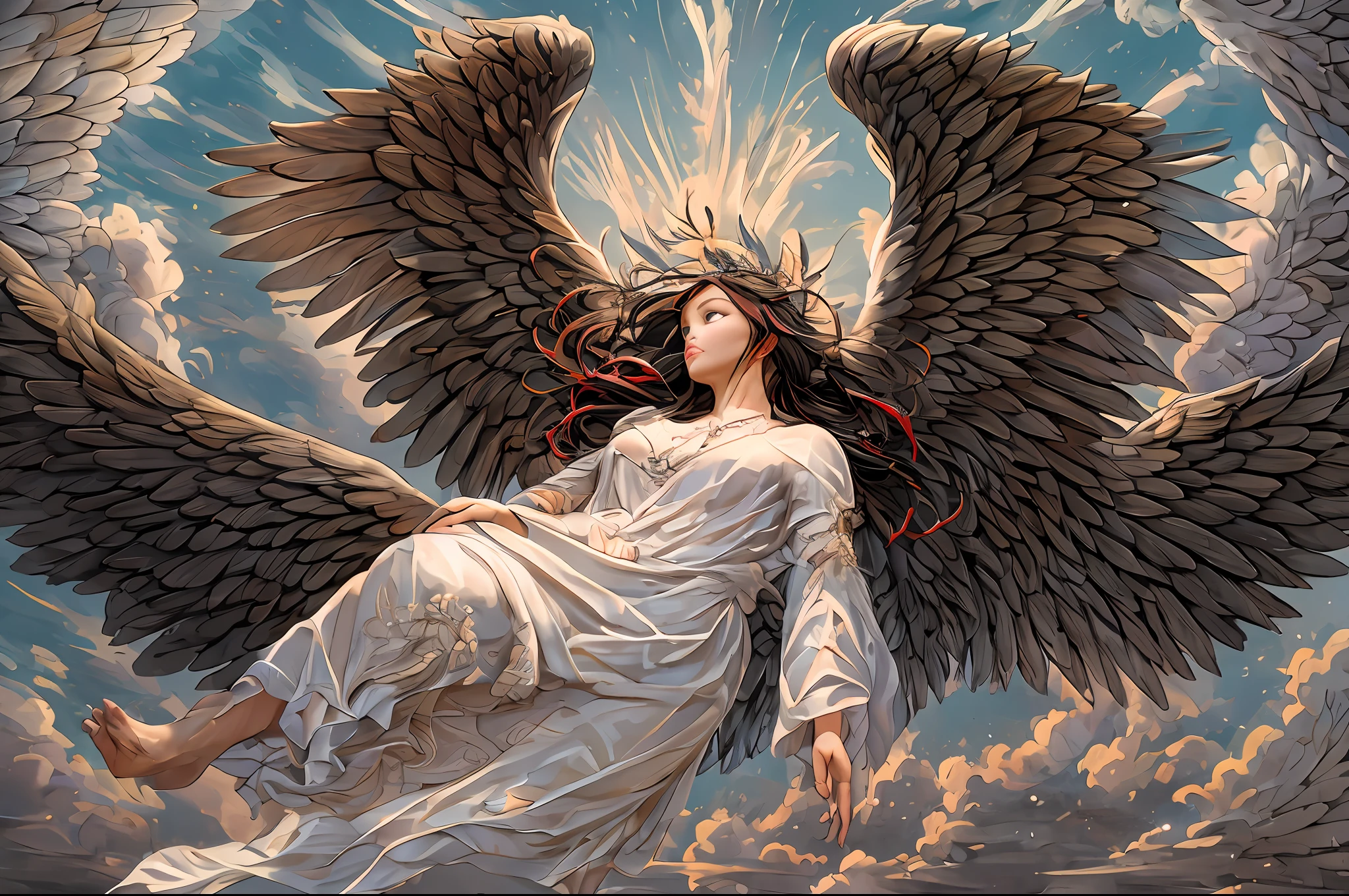 there is a woman that is flying in the air with a bird, female ascending into the sky, flying angels, with wings, spreading her wings, winged human, big angel wings wide open, girl with angel wings, icarus falling from the sky, she is approaching heaven, as a mystical valkyrie, with real wings, angel with black wings