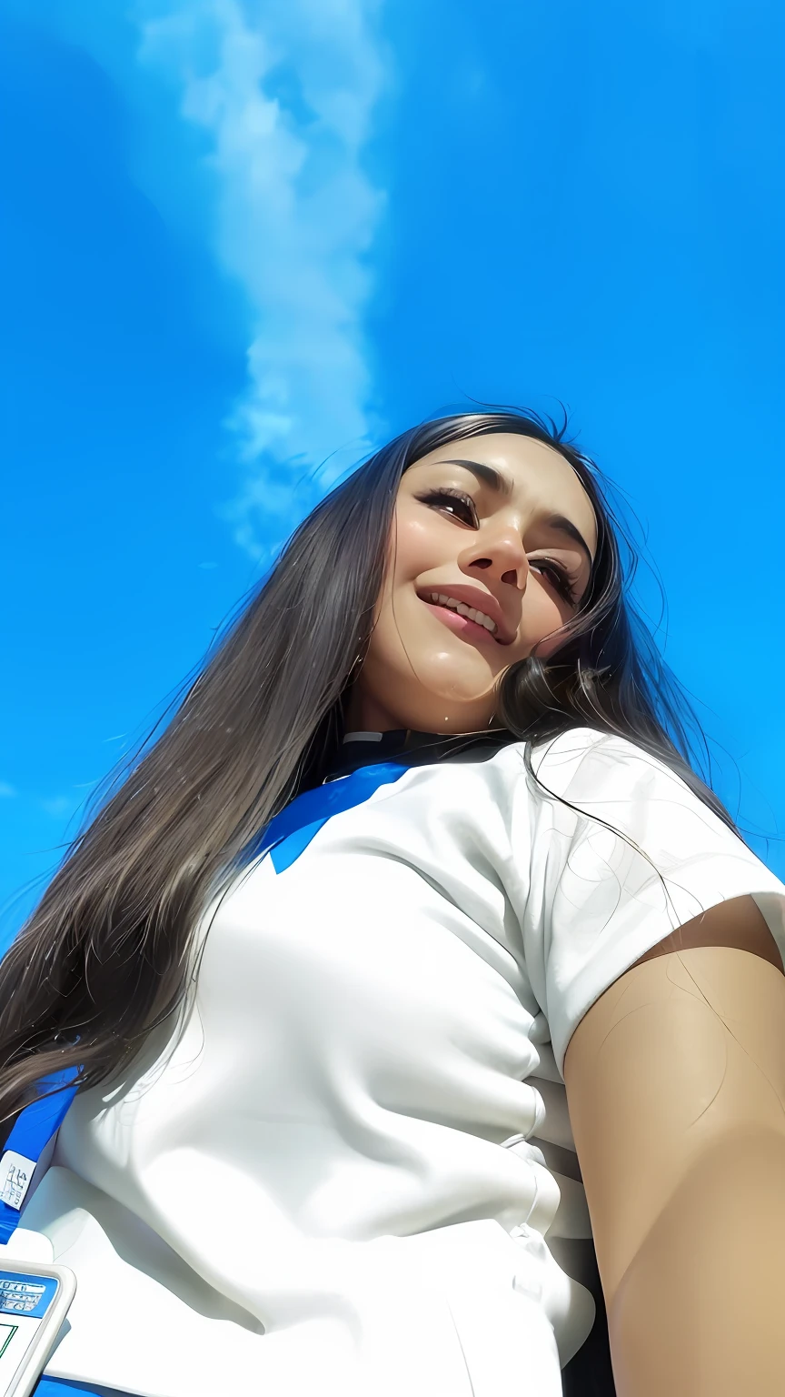 there is a woman that is standing up with a cell phone, with long hair, camera angle looking up at her, isabela moner, looking up at camera, selfie shot straight on angle, in sunny weather, in a sunny day, background is heavenly, profile image, selfie of a young woman, alanis guillen, she is about 1 9years old