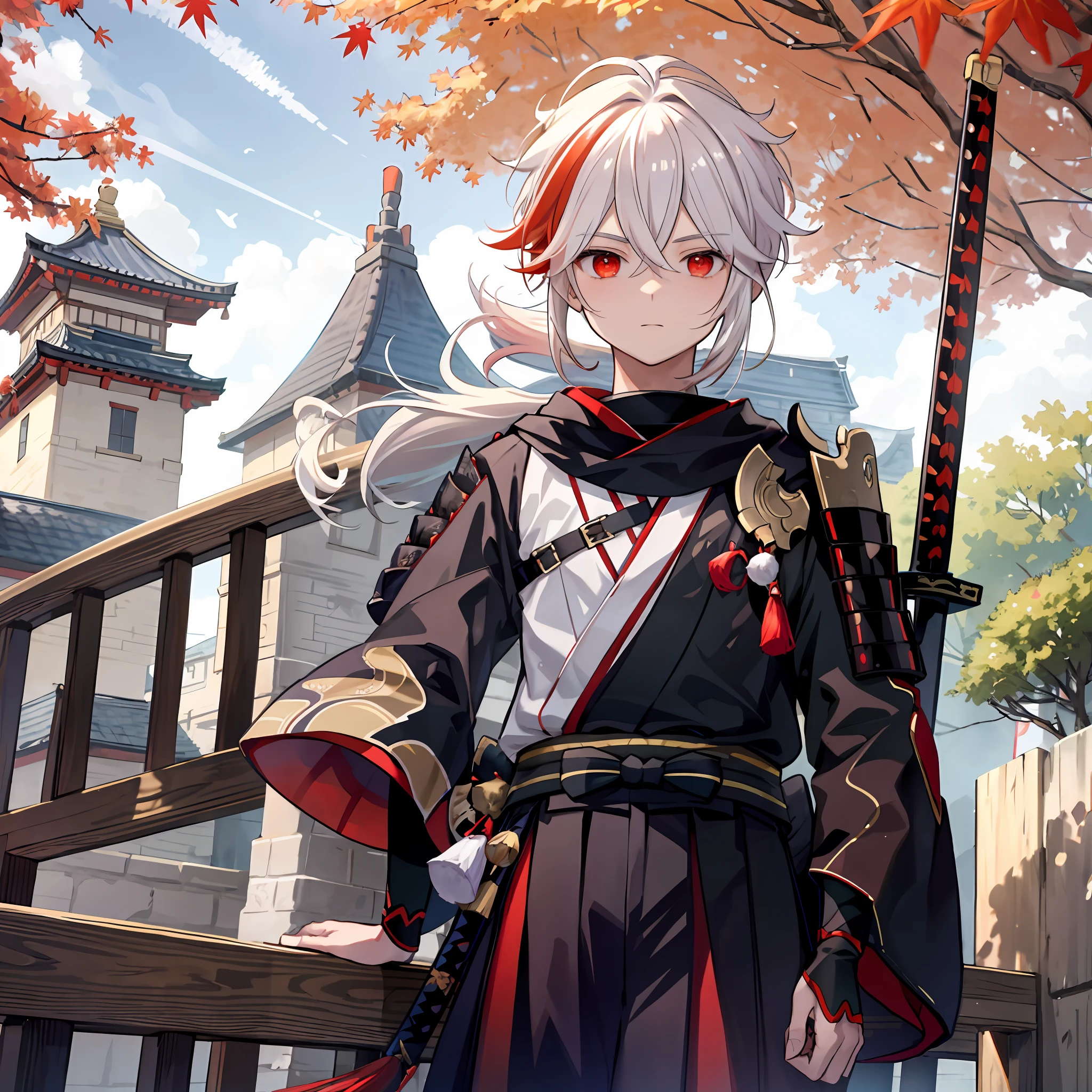 masterpiece, best quality, maple manyo, male focus, 1boy, solo, red eyes, bangs, multicolored hair, japanese clothes, striped hair, red hair, hair between the eyes, weapon, sword, armor, japanese armor, white hair, shut up, ponytail, outdoors, tassel, looking at the audience, castle tower, (kbxll:0.6)