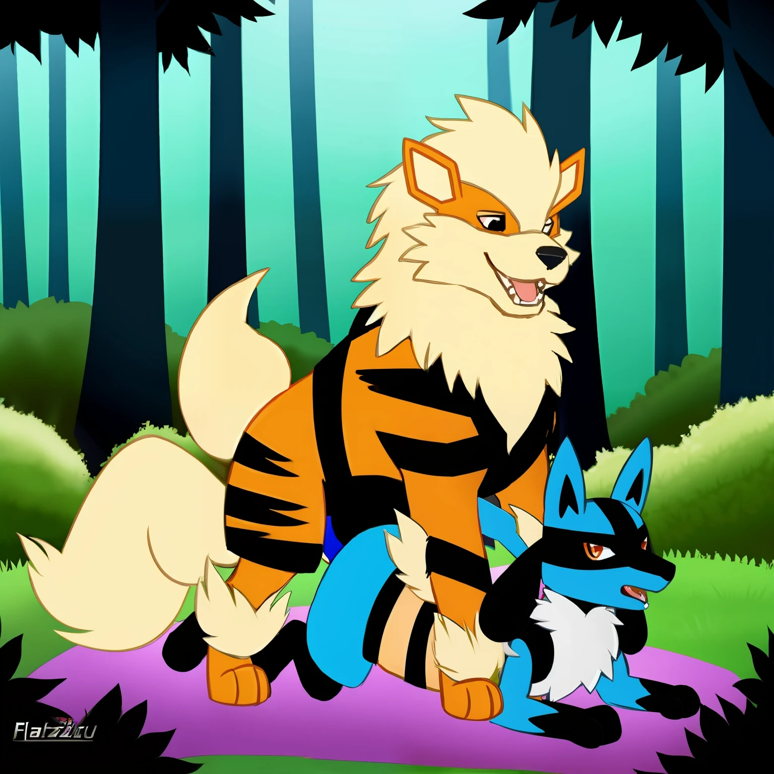 Feral Arcanine montando y follando a Lucario en el bosque, Lindo++, Sexo feliz