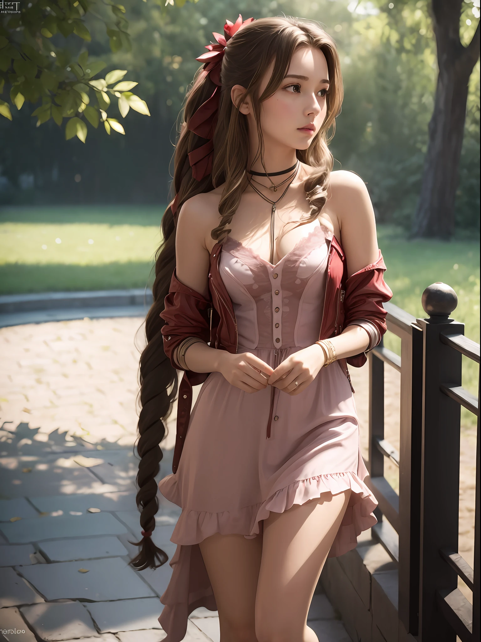 (masterpiece, best quality:1.4), (future days), (wide shot), (front shot), (1girl), solo, (european youth:1), aerith gainsborough, choker, cropped jacket, hair bow, bracelet, pink dress, brown boots, very long hair, hair ribbons, hair flowers, strapless red dress, high heels hyperrealistic, high detailed skin, dslr, soft lighting, high quality, film grain, Fujifilm XT3, HD, Sharpbeautiful face, highly detailed face, highly detailed skin, skin pores, subsurface scattering, realistic pupils, medium breast, full face blush, full lips, detailed background, depth of field, volumetric lighting, sharp focus, absurdres, realistic proportions, good anatomy, (realistic, hyperrealistic:1.4), 16k hdr,