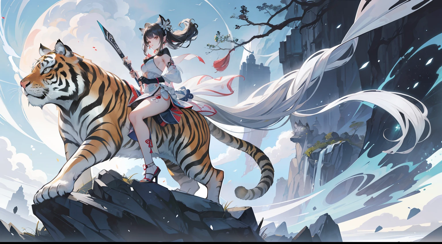 Solo acuarela en blanco y negro y estilo de tinta. art nouveau y ukiyo-e arte de Luis Royo. Una (hermosa guerrera alemana) 1st century and its faithful (tiger) on a rock in the magic hour. Ella lleva su cabello en varias trenzas, lleva armadura. Your tiger is impressive and has a menacing expression, Lleva una cadena gruesa con un protector alrededor del cuello. Ella lo acaricia tiernamente.