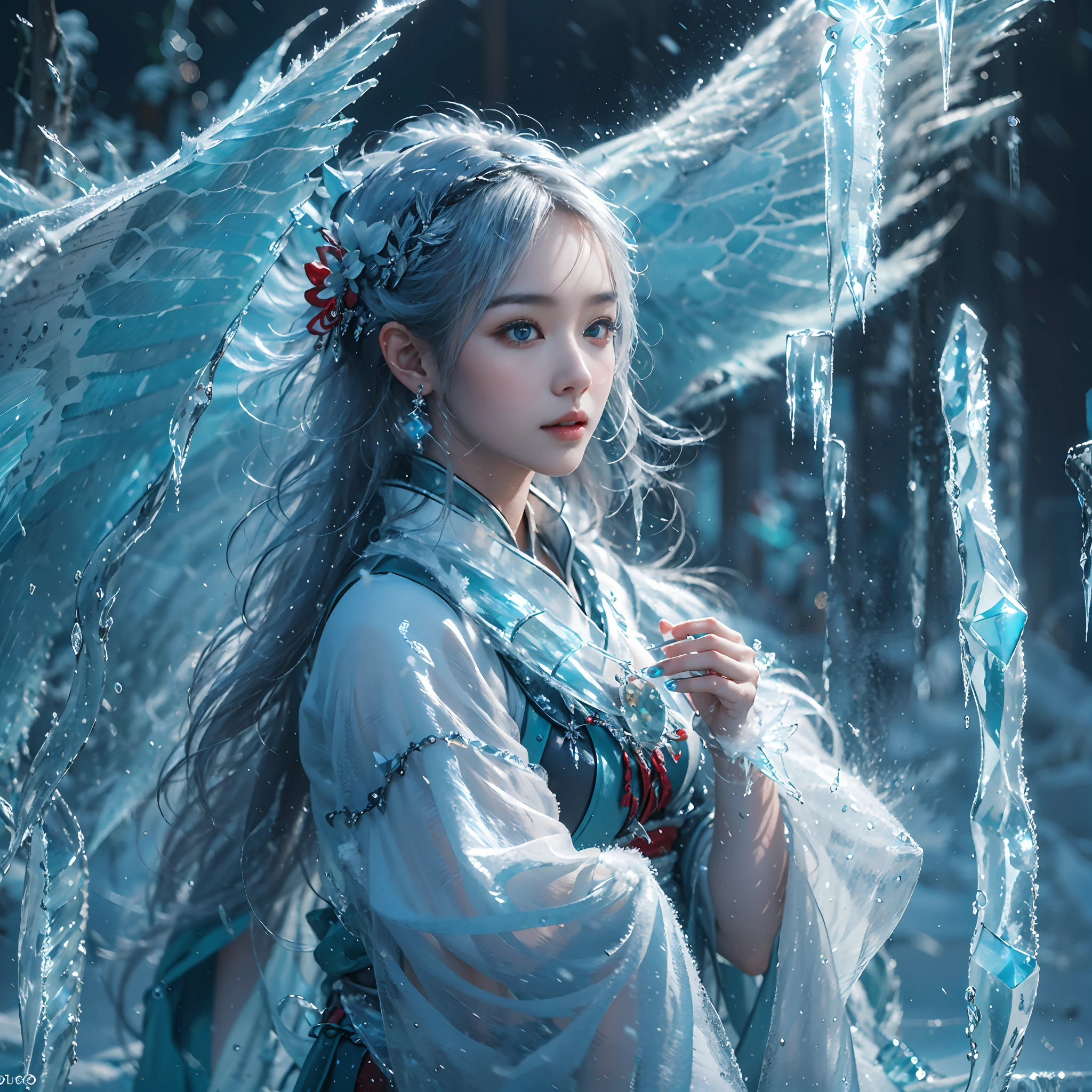 (((1girll)))，（Perfect facial features：1.4），Wearing ancient Chinese Han clothing，icey，ice wings，Splashed liquid，Wavy liquid，airbubble，standing on water，wave，Blue glow，（Frost wings），(((Powerful ice magic)))，(((Icicles)))，Towering over the landscape，Blue light cold light，(((Ice storms)))，Wind，((Flying snow ice and snow))，Amazing results，,best qualityer,tmasterpiece,超高分辨率,finely detailled,Complicated details,8K分辨率,8KUCG wallpaper,hdr,water blue,Magic Array,Cinematic lighting effects,lightand shade contrast，Ray traching、NVIDIA RTX