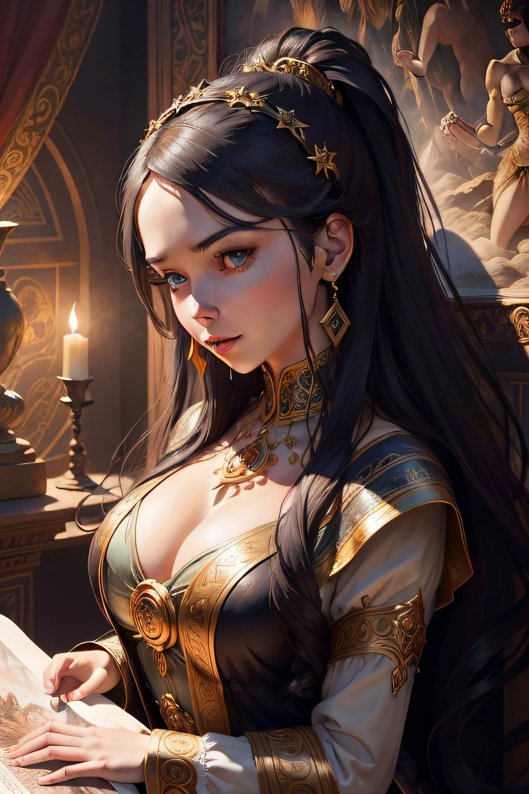 "Mural ancien. Masterpiece of exceptional quality, detailed and rich in color. Impressive illustration of a captivating mythological scene. Beautifully represented characters, with period outfits and striking expressions. Spectacular landscape with skillful use of light and shadow. Bewitching and mysterious atmosphere. A perfect fusion of ancient art and contemporary aesthetics."