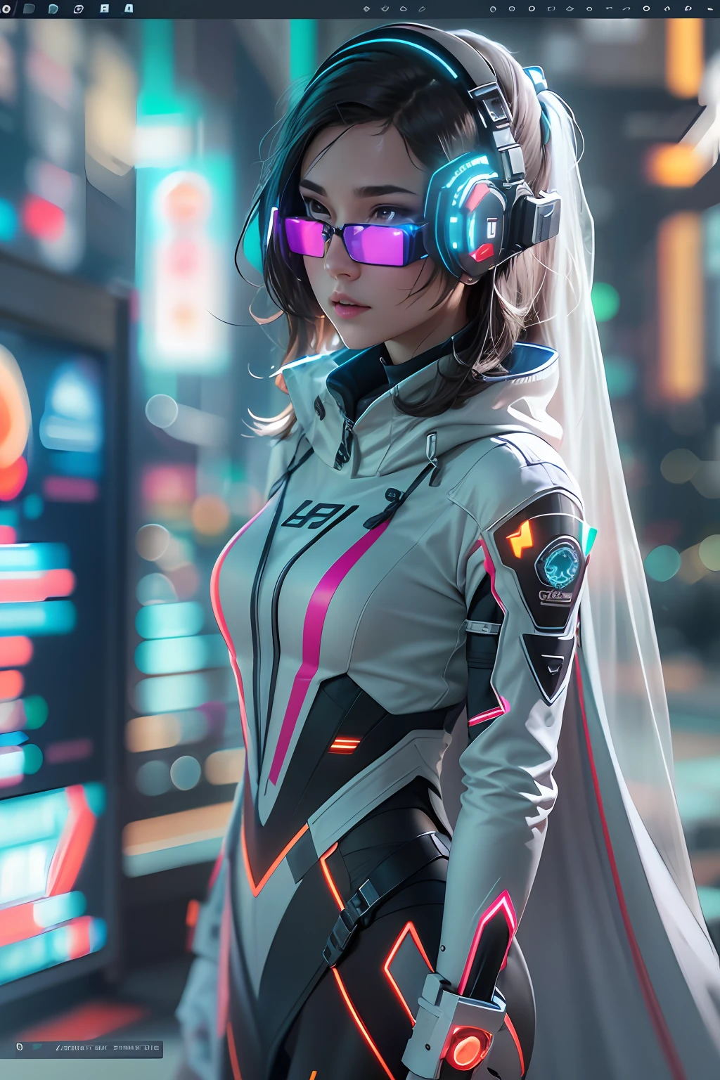 ((Best quality)), ((masterpiece)), (highly detailed:1.3), 3D,full body portrait,rfktr_technotrex, beautiful cyberpunk woman,(wearing head-mounted display that is chunky and hi-tech with neon lights:1.2),wearring a cape,computer hacking,computer terminals,soft glow from neon lights,micro-electronics,computer servers, LCD screens, fibre optic cables, corporate logos,vibrant colours,HDR (High Dynamic Range),Ray Tracing,NVIDIA RTX,Super-Resolution,Unreal 5,Subsurface scattering,PBR Texturing,Post-processing,Anisotropic Filtering,Depth-of-field,Maximum clarity and sharpness,Multi-layered textures,Albedo and Specular maps,Surface shading,Accurate simulation of light-material interaction,Perfect proportions,Octane Render,Two-tone lighting,Low ISO,White balance,Rule of thirds,Wide aperature,8K RAW,Efficient Sub-Pixel,sub-pixel convolution,luminescent particles,light scattering,Tyndall effect