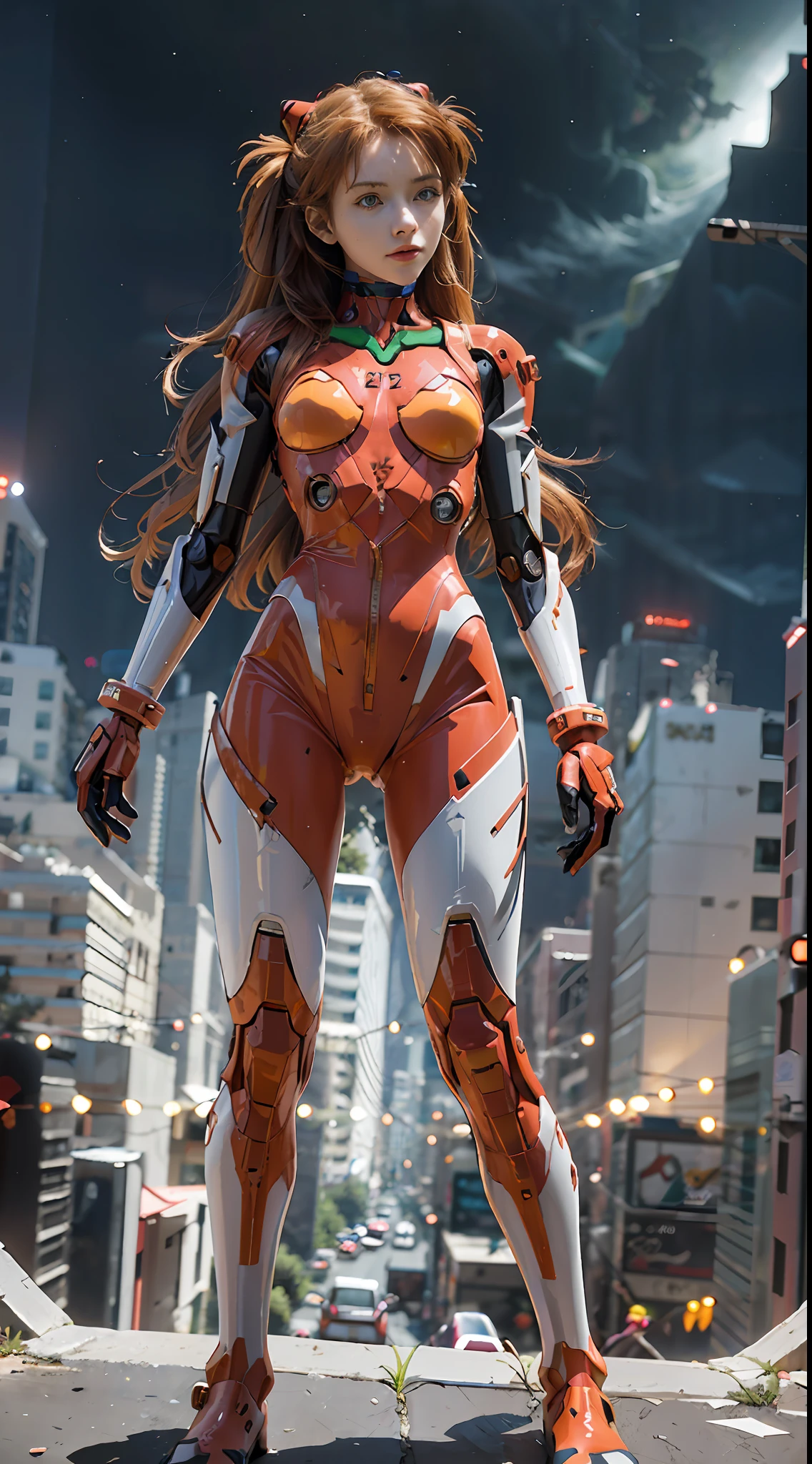 (realistic: 1.3) (original: 1.2), masterpiece, best quality, (((beautiful clean face))), fullbody, ((robot girl, mecha)), broken armor, mechanical halo, mechanical arms, white hair, long hair, ceramic body, thigh gap, small breast, cyber background, extreme detailed city, EVA 02,Souryuu Asuka Lanley,(translucent body, reflection skin), 8k, best quality, ultra detailed, (hyperrealistic:1.4),