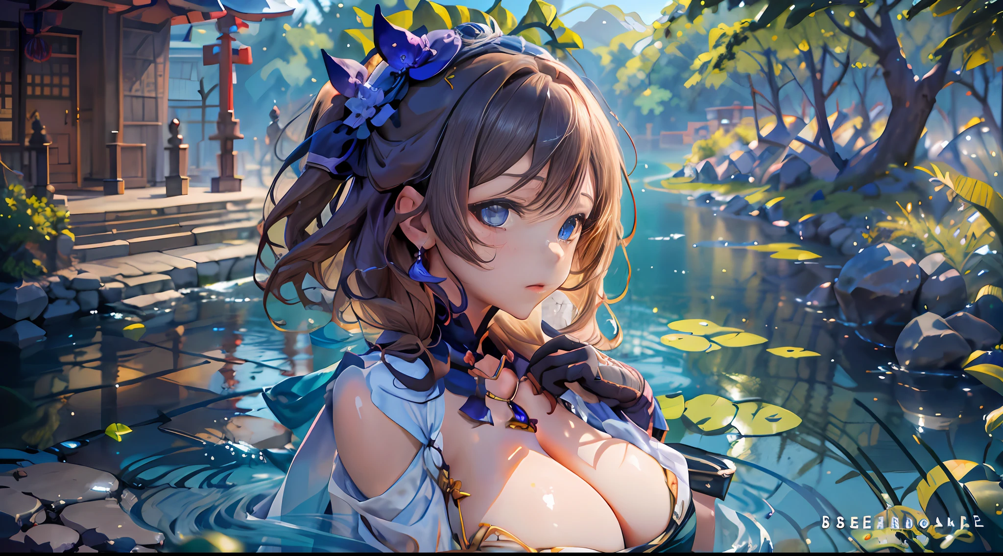 Lisa Genshin Impact, Whole body, (NSTDA.:1.2), (10, beste-Qualit, master-piece: 1.4), ultra-high resolution, (lifelike, photorealistic portrait: 1.48), 20 age, Cute Girl, Nude, Famous Japanese actors, gigantic breasts, Blue Eyes, Head tilt, cowboy shot, from the side, looking at the audience, expressionless, Beautiful lake, Zeiss 150mm F/ 2.8 Hasselblad, In Japanese shrines, Whole body, foot, Ultra-Wide Angle