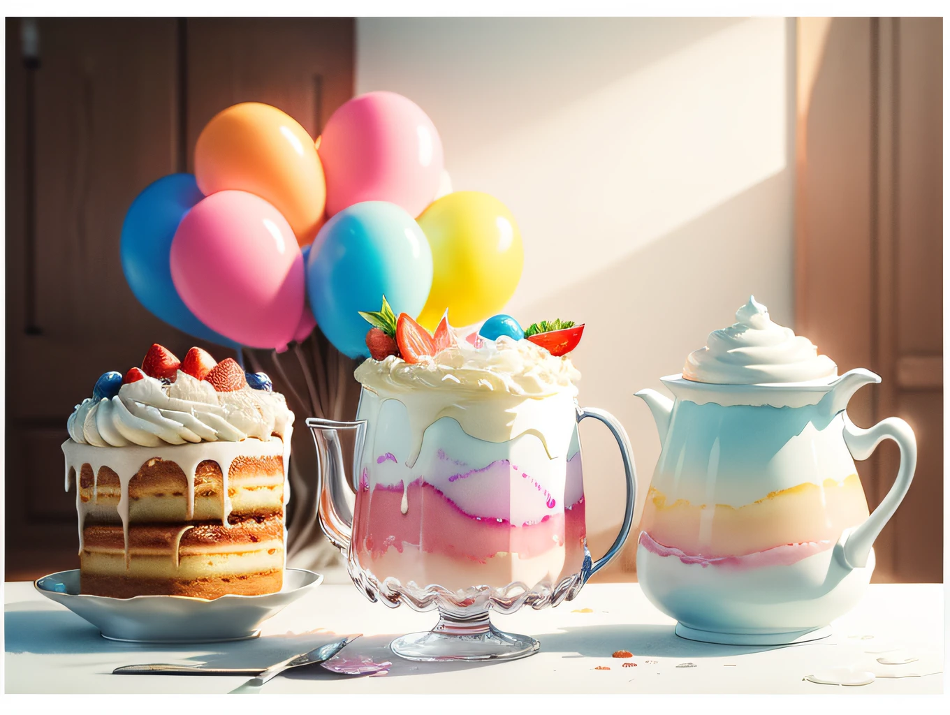 （3 cakes+2 drinks+3 balloons）Watercolor elements，3 fruit cakes with heavy cream，There should be chocolate and cream in 2 drinks，The cream must be thick，The cream must be thick，The cream must be thick，The cream must be thick，The toppings must be abundant，Watercolor painting effect，Watercolor painting effect，Watercolor painting effect，Watercolor painting effect，Watercolor painting effect，Watercolor painting effect，