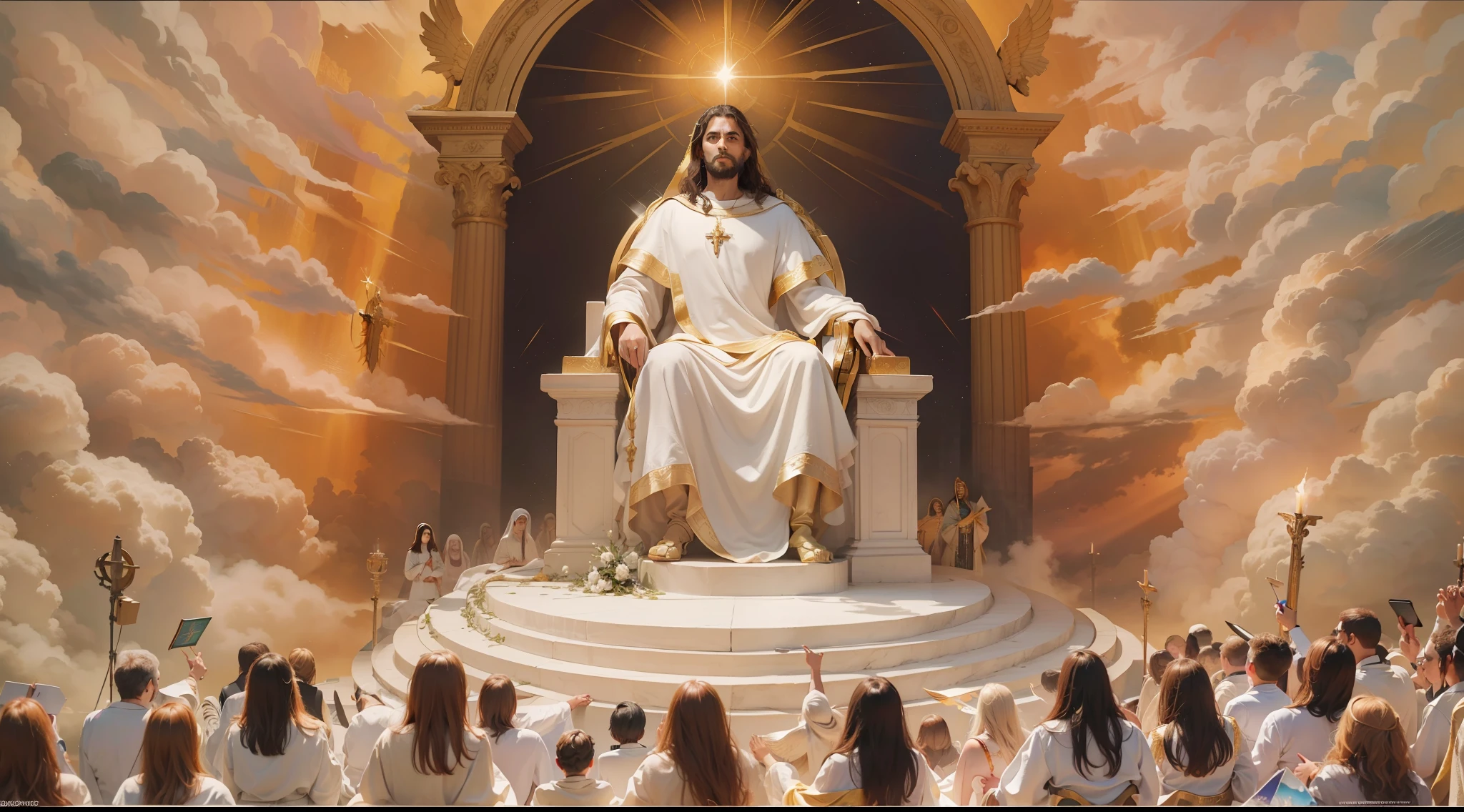 A stunning image depicting the Doomsday scenario, conforme descrito em Apocalipse 20:11. ((O trono branco onde Jesus se senta se destaca na cena)), The throne of Jesus is full of glory, Before Jesus an immense multitude of people, Everyone is in the clouds, There is no heaven or earth, simbolizando a majestade divina. Powerful angels are present, solemnly watching the opening of the books, representing the records of each individual's actions. an untold crowd of people, aguardando seu destino eterno. The mood is one of reverence and awe before the divine justice that will be established.