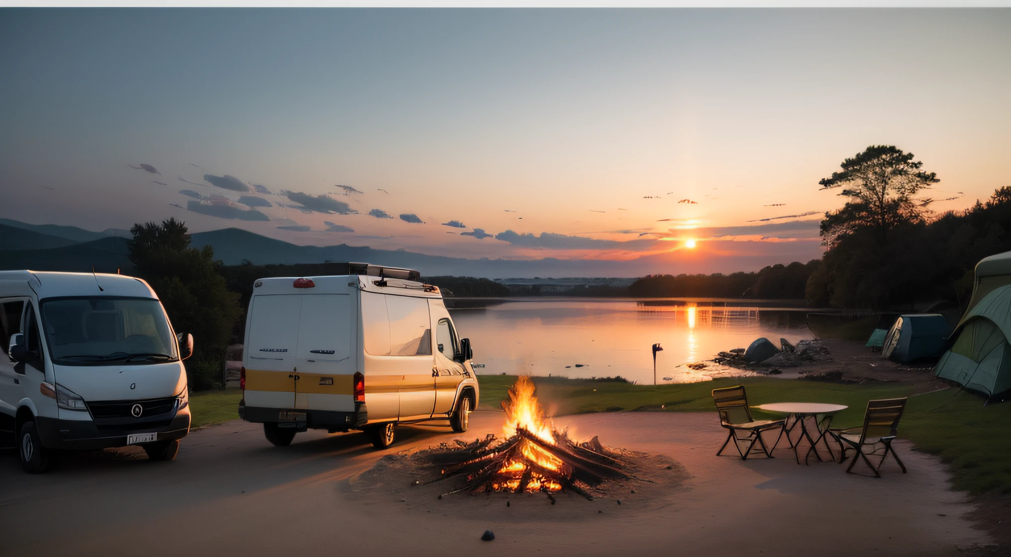 image having sunset in background and on front add a 1 van and 1 camp with bon fire with dog and camera on stand and some chairs and also some gadgets