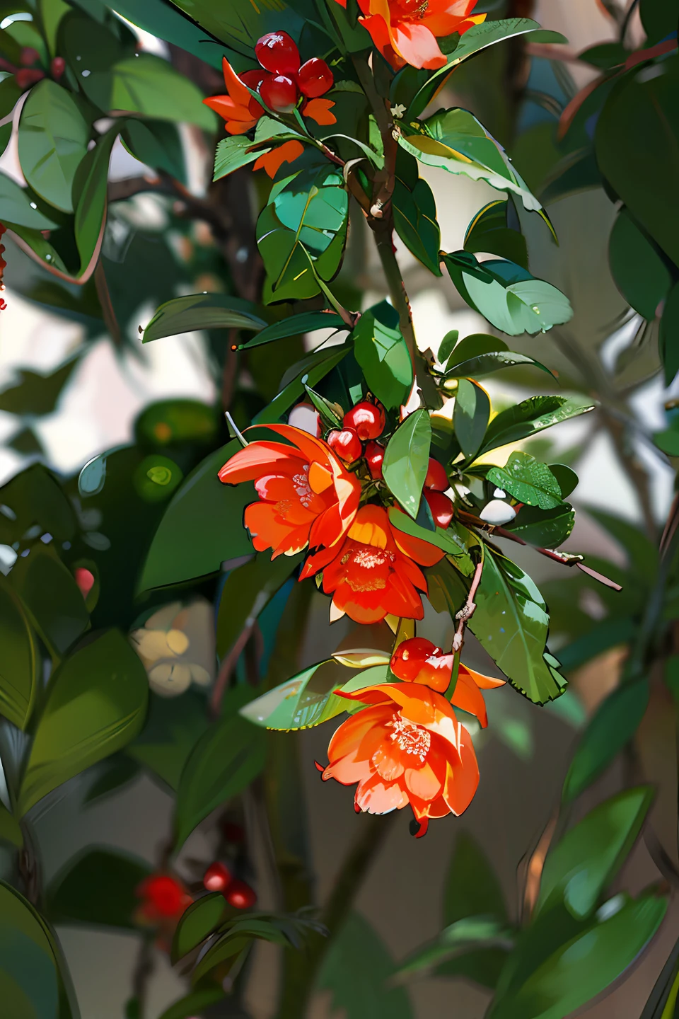 Red pomegranate flowers，ancient wind，Chinese big breasts，pomegranate，florals，green leaf，More refined details，Movie lighting