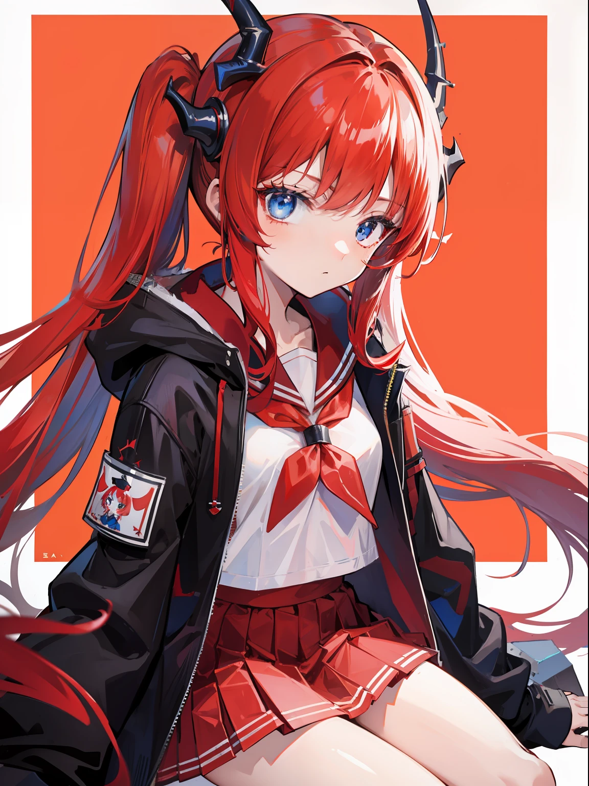 red hair, blue eyes, twintails,Sailor suit,Dragon horns,coat,red Pleated skirt,solo,1girl, arknights, long hair, ,