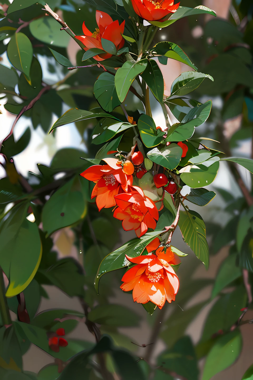 Red pomegranate flowers,ancient wind,Chinese big breasts,pomegranate,florals,green leaf,More refined details,Movie lighting