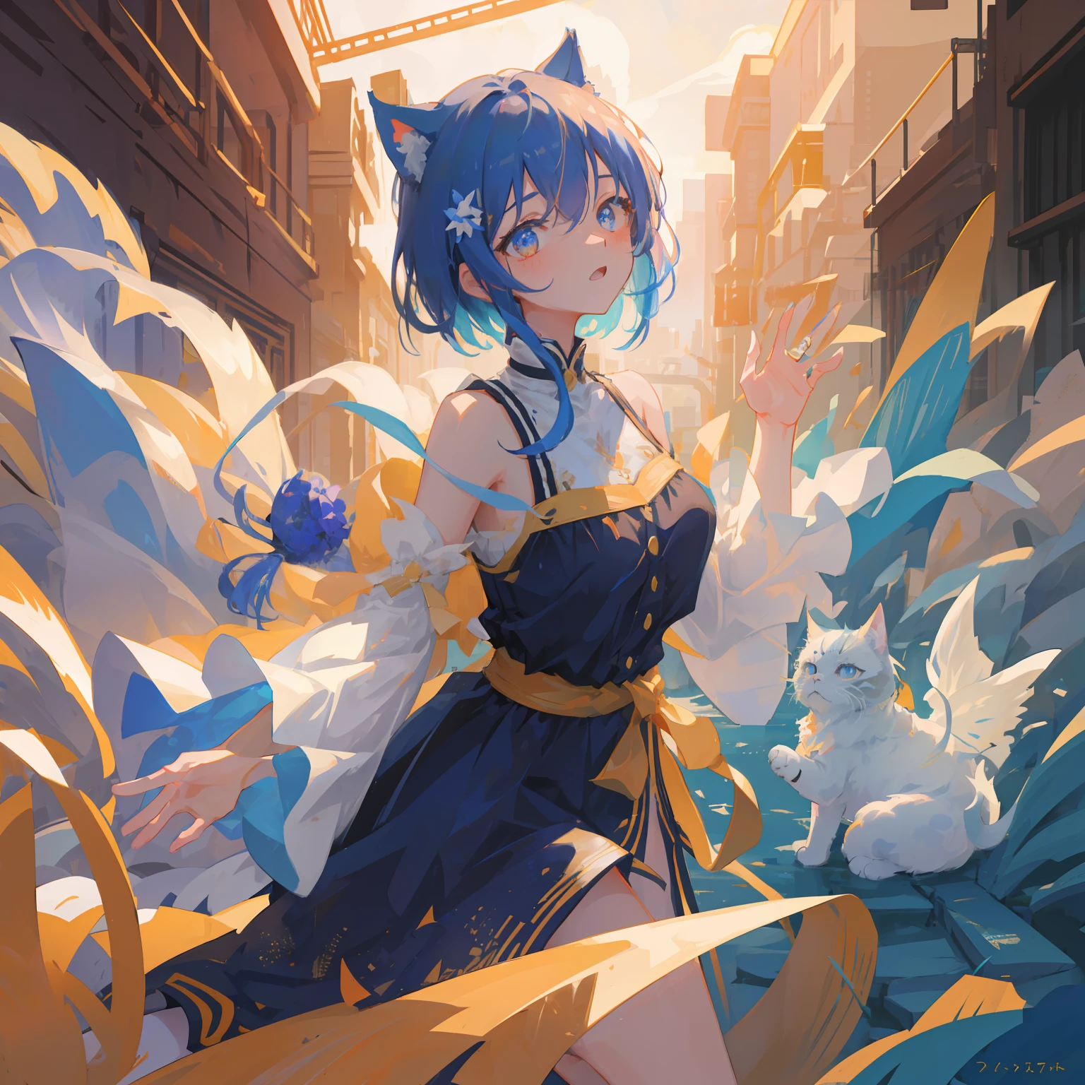 masterpiece,top-quality, Best Quality, the Extremely Detailed CG Unity 8K Wallpapers, Cinematic lighting, Lens Flare, Eyes in Beautiful Details, side glance, colorful light, Particle, portrait closeup,Cornflower Art、dream-like,hight resolution、volume illumination、contour deepening,Back lighting、Very detailed 8k wallpaper、 1 girl in,独奏, Blue hair、short-hair、fluffy hair、Orange Eyes、claw pose、The upper part of the body、Chiffon dress、Cat's ears、from the front side、