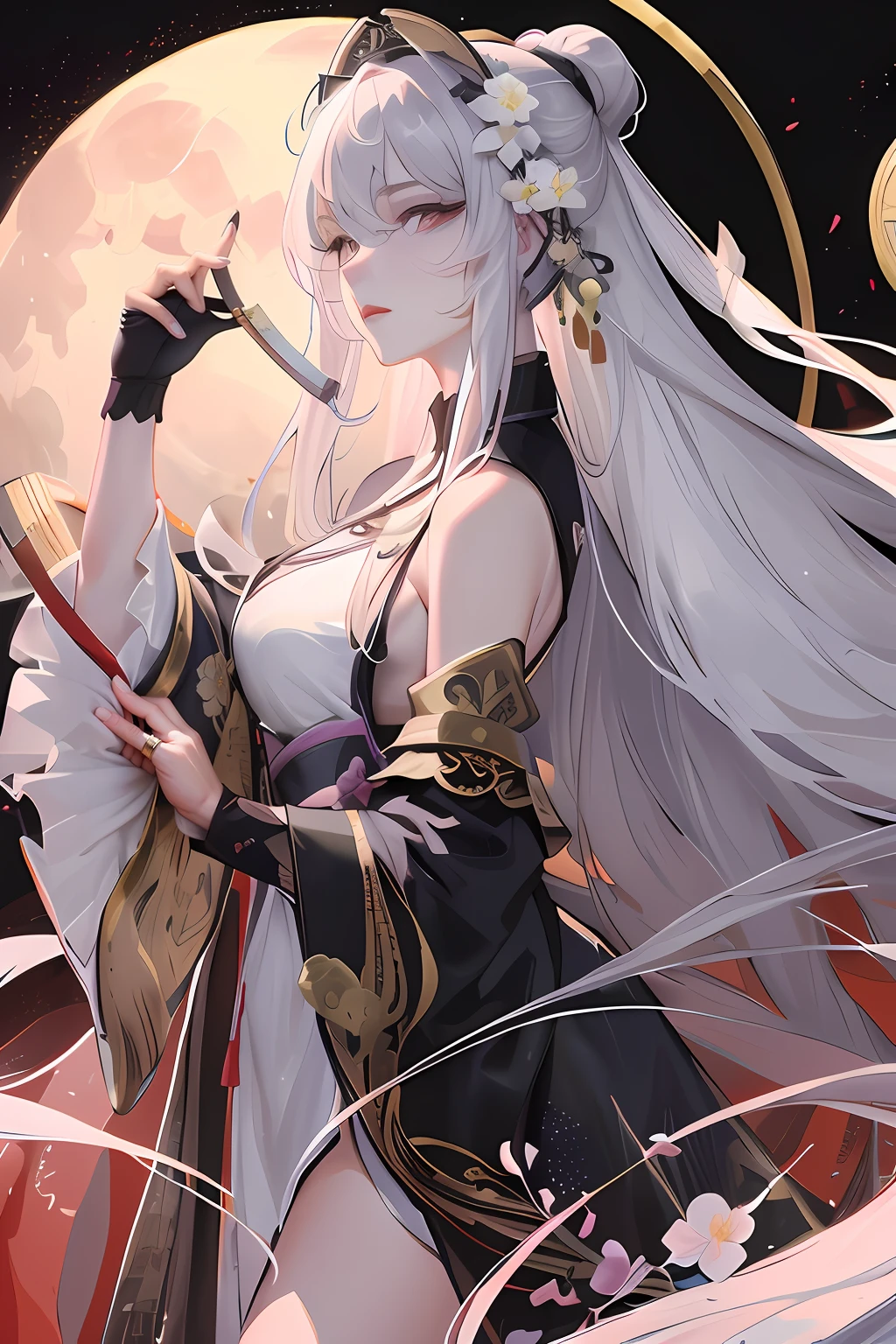 Masterpiece, Best quality, Night, full moon, 1 girl, Mature woman, Chinese style, Ancient China, Sisters, Royal Sisters, Grim expression, Silver white long haired woman, Light pink lips, calm, Intellectual, tribelt, Black pupil color, assassins, flower ball background, Stroll through the streetscape,Delicate facial features