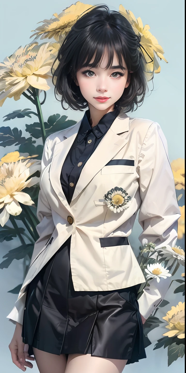 best qualtiy, tmasterpiece, 1girll, beauitful face,chrysanthemums,Fluttering chrysanthemums, (photograph realistic:1.3), edge lit, (highdetailskin:1.2), 8K, Ultra HD, digital SLR camera, high high quality, A high resolution, 4K, 8K, Bokeh, absurderes, Optimal scale pointer, (realisticlying:1.3), Cute 1girl, Wearing a black formal blazer, mediuml breasts, short skirt,Simple colorful stitching background,Simple color and light blue background,Chrysanthemum background,chrysanthemums,