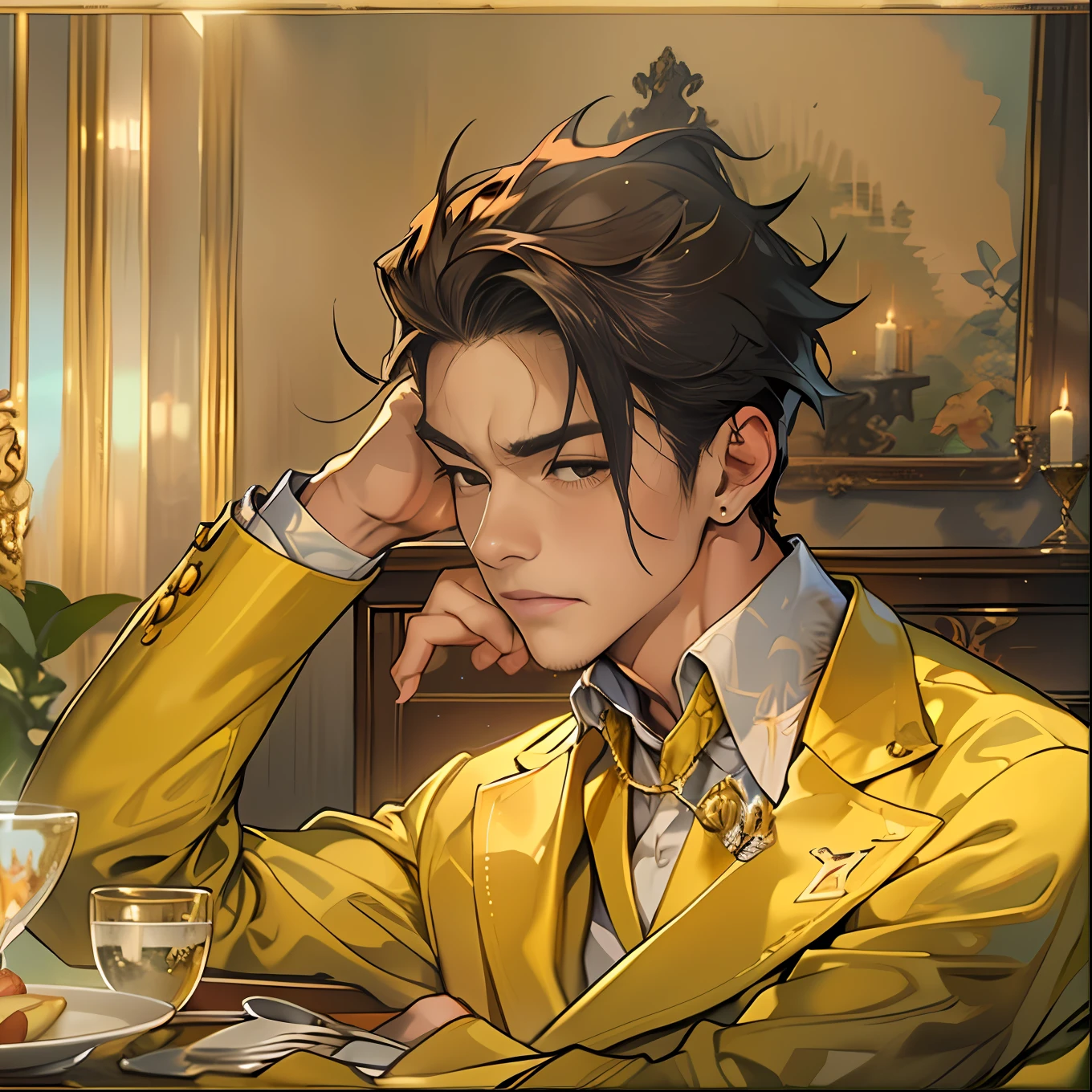 A handsome young man in a yellow suit on the side，sitting at the dining table，The look on his face was very unhappy,in the style of the stars art group xing xing, 32K, Best quality, Masterpiece, Super detail, High details