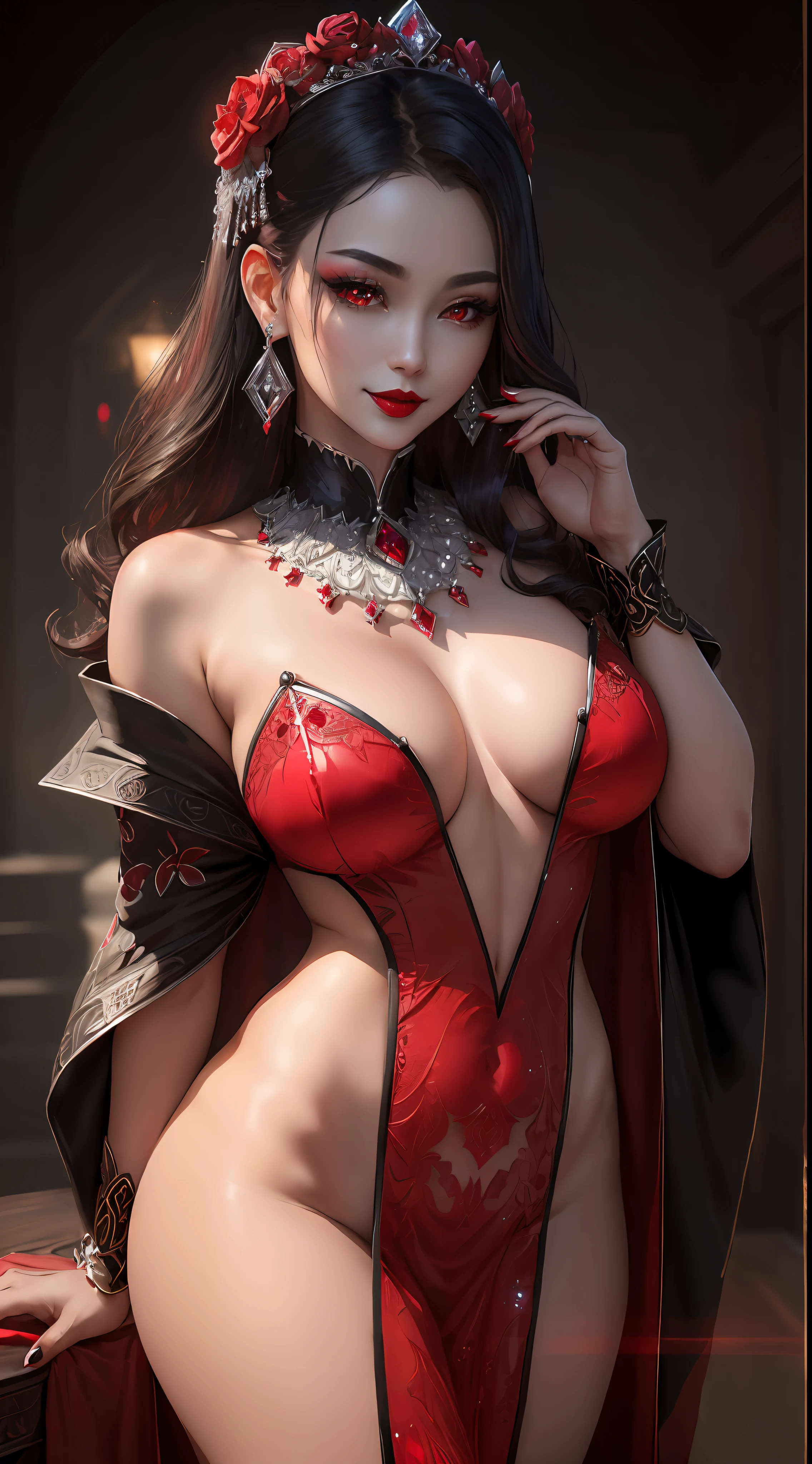 ((top-quality)), ((masterpiece)), (detaileds), (8K:1.1), (realisitic:1.5) Beautiful charm (1womanl:1.3), 详细的脸, hight resolution, extra detailed face, beautiful countenance, (Magic Red Glowing Eyes:1.5), (frosty appearance:1.2), (extremely detailed eye:1.4), (Beautiful fece:1.3), (Looking into the soul:1.3), (cold smile)、(Diamond intricate earrings:1.2),, ((Dark red lipstick), make - up:1.1)、Black costume