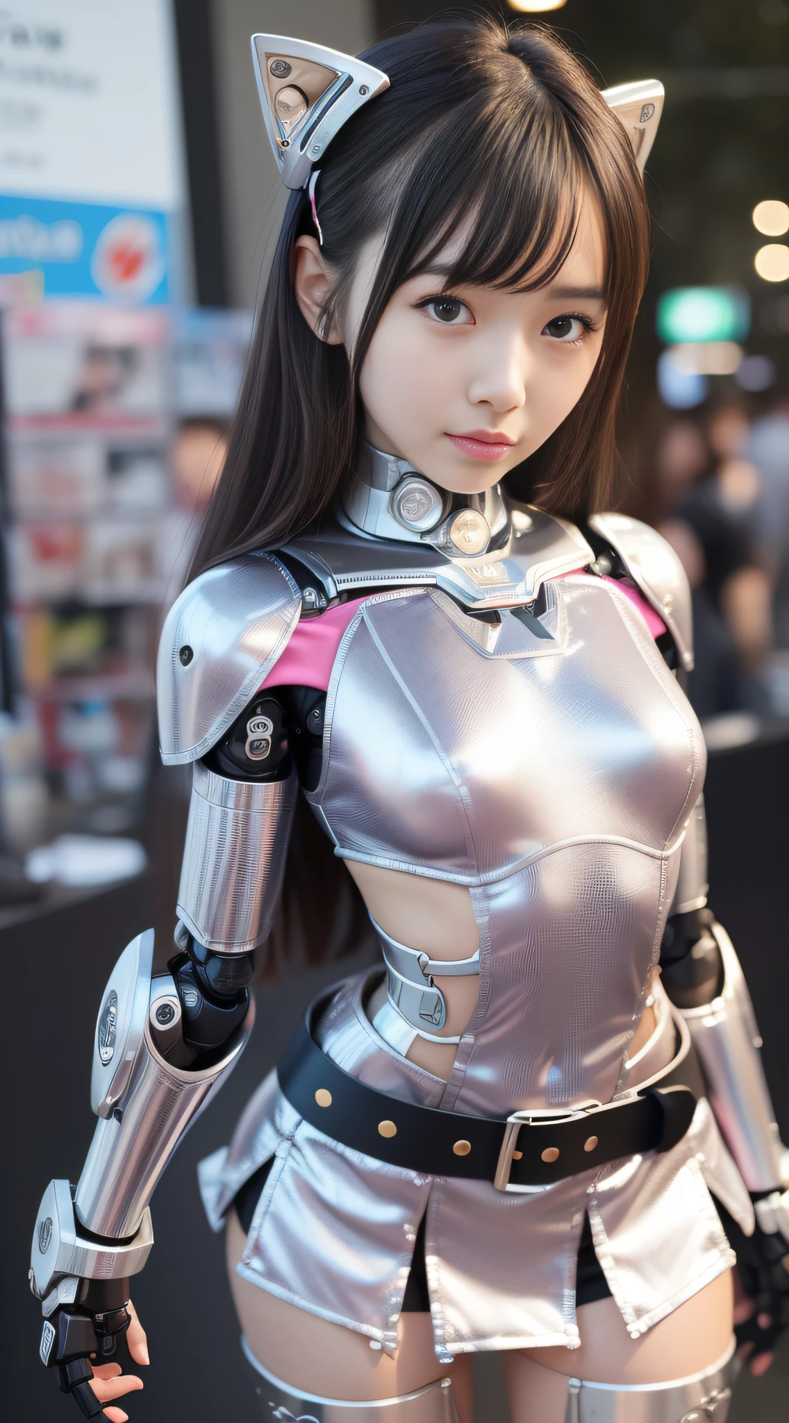 (Photorealsitic:1.4)、Onegirl、(top-quality),(hyperdetailed face)、(Super well-formed face)、((Robot Parts))、(Cyborg girl)、(metalic)、(fullllbody)、(sexy pose)、(Slender body)、(Model body type)、(mecha exposure)、(akihabara)、(is looking at the camera)、(A dark-haired)、(9Head and body)、(a small face)、(Idol)、(front facing)、(is standing)、(Waving hands)、(Photo session)、(Looks sad)、(Cyborg girl in pink satin dress)、(Golden button)、(sleeve less)、(a miniskirt)、(a belt)、(K-POPthe wind)