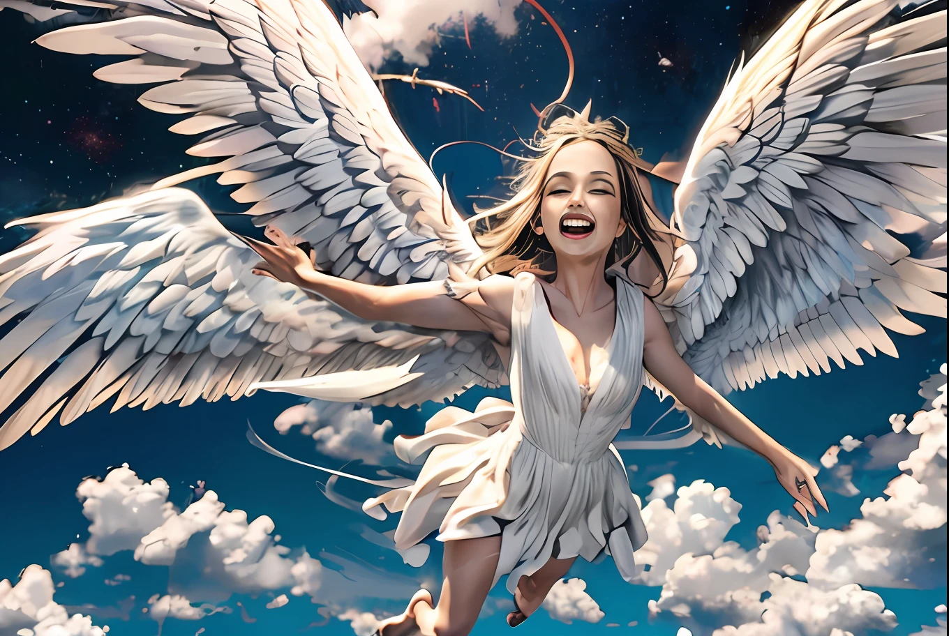 there is a woman that is flying in the air with a bird, female ascending into the sky, flying angels, with wings, spreading her wings, winged human, big angel wings wide open, girl with angel wings, icarus falling from the sky, she is approaching heaven, as a mystical valkyrie, with real wings, angel with black wings