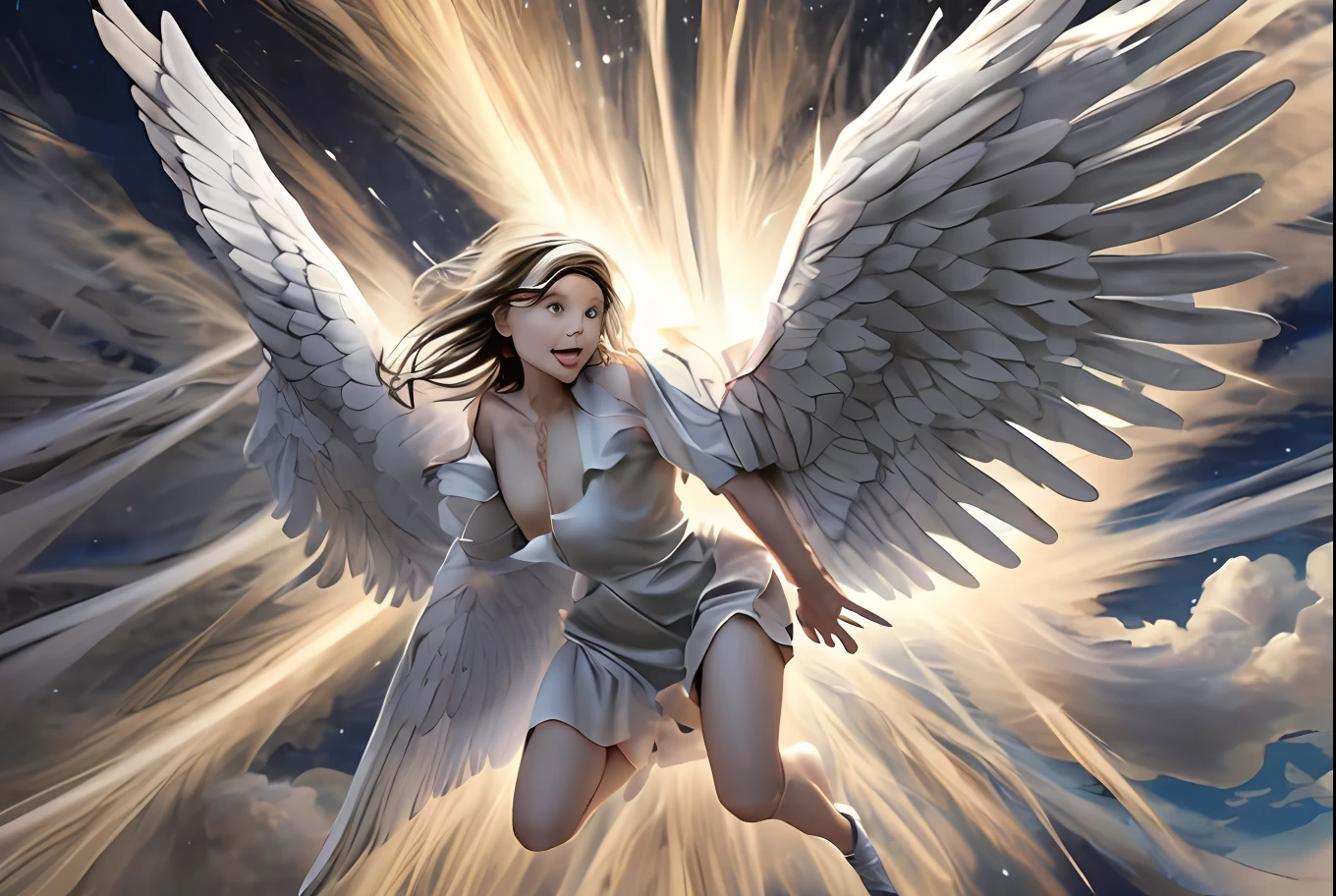 there is a woman that is flying in the air with a bird, female ascending into the sky, flying angels, with wings, spreading her wings, winged human, big angel wings wide open, girl with angel wings, icarus falling from the sky, she is approaching heaven, as a mystical valkyrie, with real wings, angel with black wings
