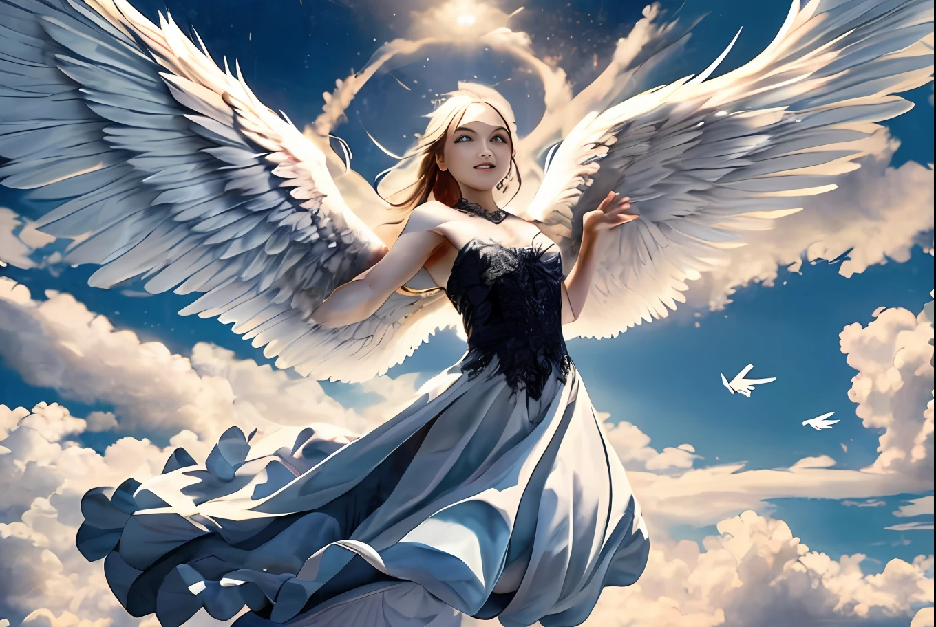 there is a woman that is flying in the air with a bird, female ascending into the sky, flying angels, with wings, spreading her wings, winged human, big angel wings wide open, girl with angel wings, icarus falling from the sky, she is approaching heaven, as a mystical valkyrie, with real wings, angel with black wings