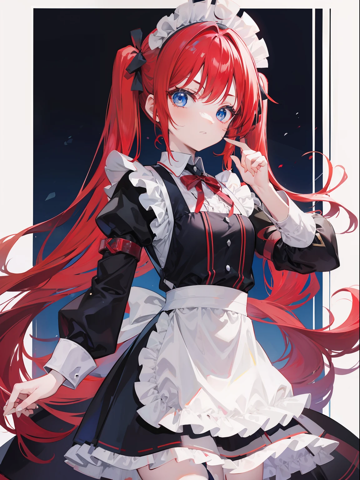red hair,blue eyes,twintails,maid, long hair, long sleeves, gothic, solo, loli