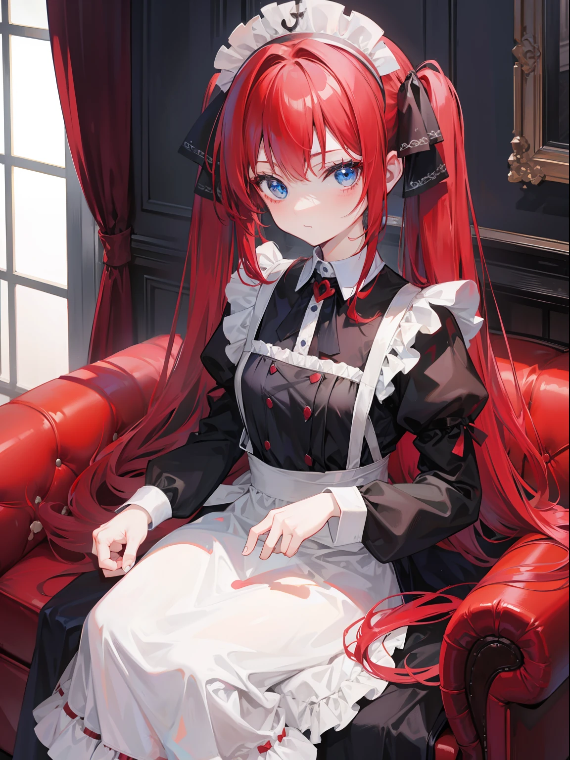 red hair,blue eyes,twintails,maid, long hair, long sleeves, gothic, solo, loli