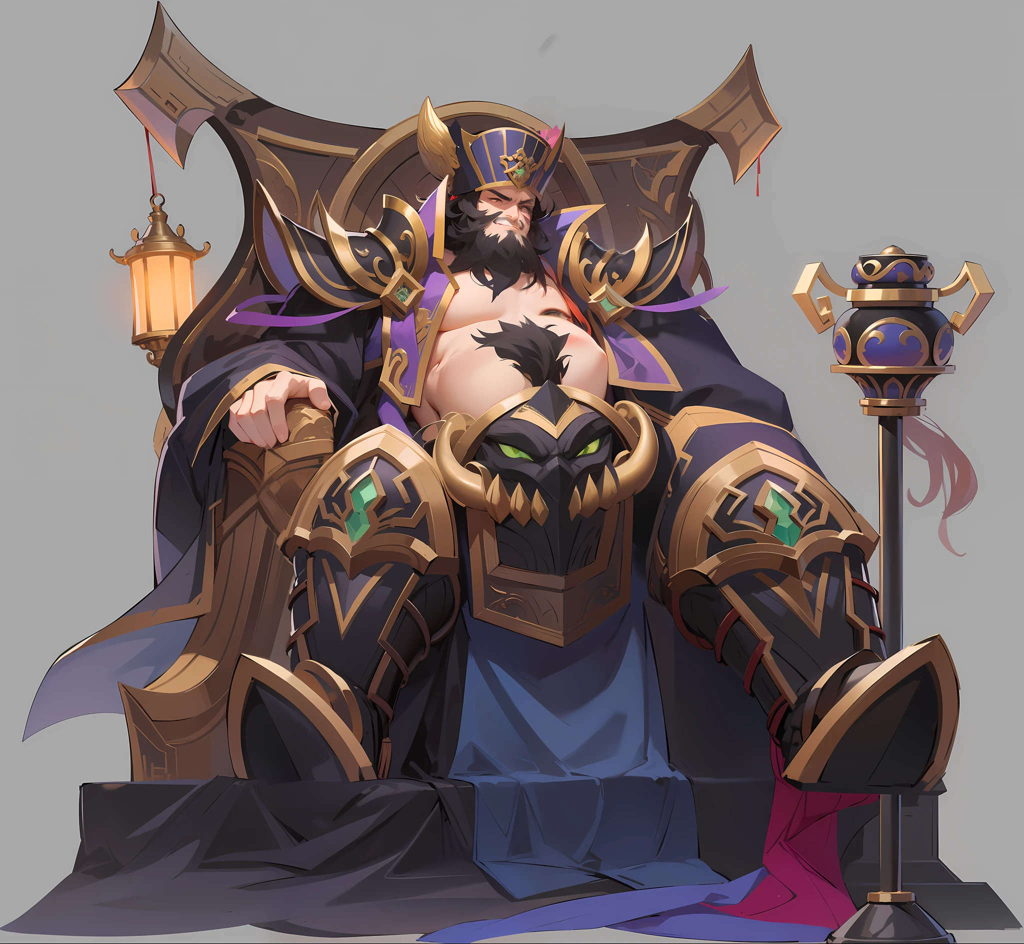 Generals of the Three Kingdoms,Dong Zhuo,full beard,Sly laughter,Handsome face,Sit on the Tai Shi chair,Wearing a purple robe,With a purple crown hat,Open your belly,Fairy wind road bone,Full of mystery,Fairy air fluttering,Ink character style,Graphic painting,Meticulous details,Two-dimensional drawing effect,LORA,the detail,Realistic portrait,You can almost feel the texture of her skin,painting of a,Finish with oil painting on a smooth canvas,Capture every intricate detail with fine brushes,(fidelity:1. 3),tmasterpiece,best qualityer,(complexdetails:1. 2),独奏,Face in Focus,(closeup cleavage:0.8),超高分辨率,Correct body structure,Delicate skin,Half of the chibi