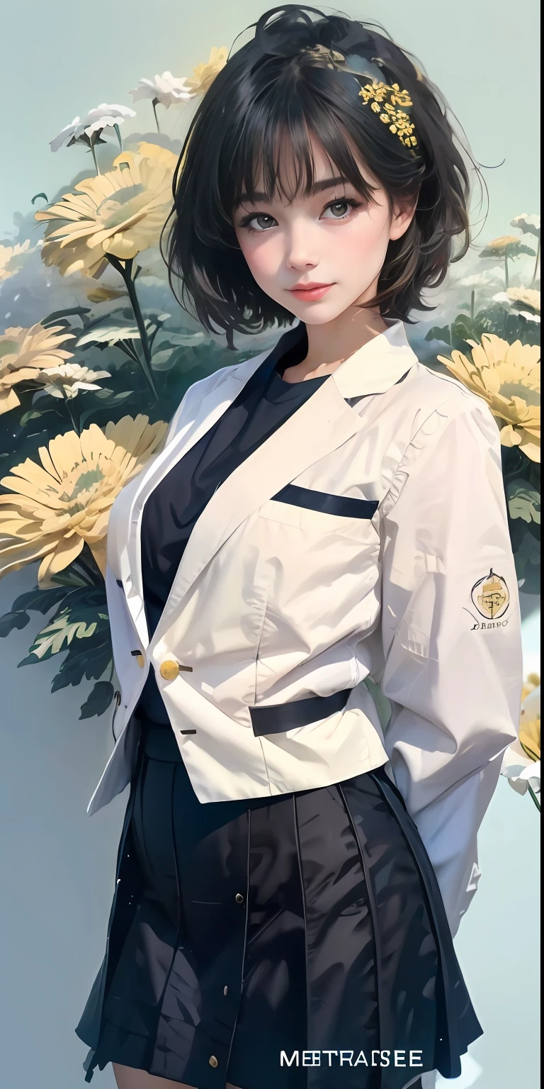 best qualtiy， tmasterpiece， 1girll， beauitful face，chrysanthemums，Fluttering chrysanthemums， （photograph realistic：1.3）， edge lit， （highdetailskin：1.2）， 8K, Ultra HD， digital SLR camera， high high quality， A high resolution， 4K， 8K， Bokeh， absurderes， Optimal scale pointer， （realisticlying：1.3）， Cute 1girl， Wearing a black formal blazer， mediuml breasts， short  skirt，Simple colorful stitching background，Simple color and light blue background，Chrysanthemum background，chrysanthemums，