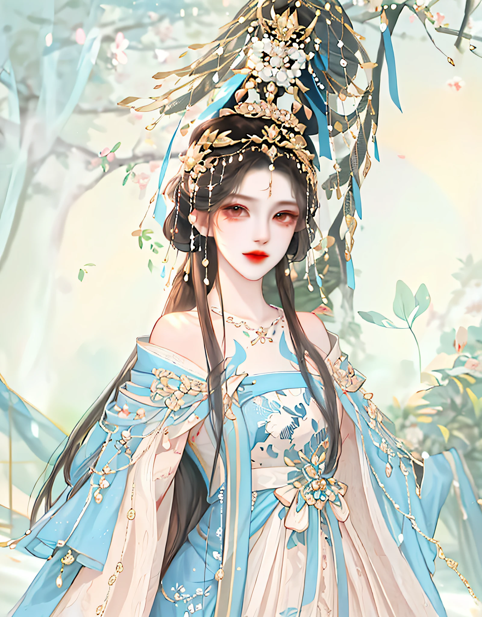 There is one wearing a blue dress,Woman with a crown on her head, a beautiful fantasy empress, ((a beautiful fantasy empress)), Palace , A girl in Hanfu, Inspired by Lan Ying, Beautiful character painting, Inspired by Qiu Ying, Inspired by Huang Ji, inspired by Du Qiong, G Liulian art style, A beautiful artwork illustration