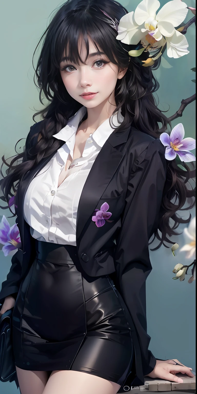 best qualtiy, tmasterpiece, 1girll, beauitful face,an orchid flower,Fluttering orchids, (photograph realistic:1.3), edge lit, (highdetailskin:1.2), 8K, Ultra HD, digital SLR camera, high high quality, A high resolution, 4K, 8K, Bokeh, absurderes, Optimal scale pointer, (realisticlying:1.3), Cute 1girl, Wearing a black formal blazer, mediuml breasts, short skirt,Simple colorful stitching background,Simple background color and sky blue background,Orchid background,an orchid flower,