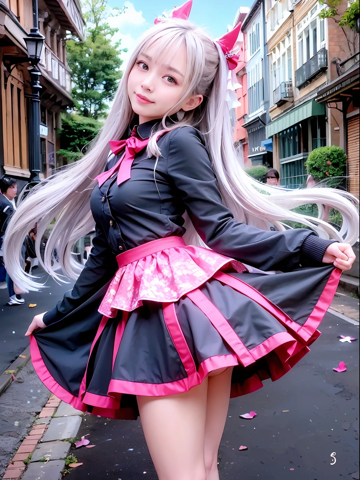 (dynamicposes:1.4)、 (dynamic ungle:1.4)、hyper detailed background、(In the street:1.2)、((top-quality、8K、masterpiece:1.3))、1girl in、A smile、full body Esbian、Slim Faces、Pretty women、(Silvery hair:1.1)、hyperdetailed face、A detailed eye、二重まぶた、blured background、Slim Faces、Cute、extremely delicate and beautiful、A mischievous grinning face、Overall、ultra-detailliert、4K、masutepiece、small mouth、((Colossal tits))、(magicalgirl:1.4)、hime-cut、Small smiling mouth、a small face、low angles、(pantyshot:1.1)、(skirt rift)、(skirt lift by yourself)、from back view、Look back with a sideways glance、Stick out your buttocks、