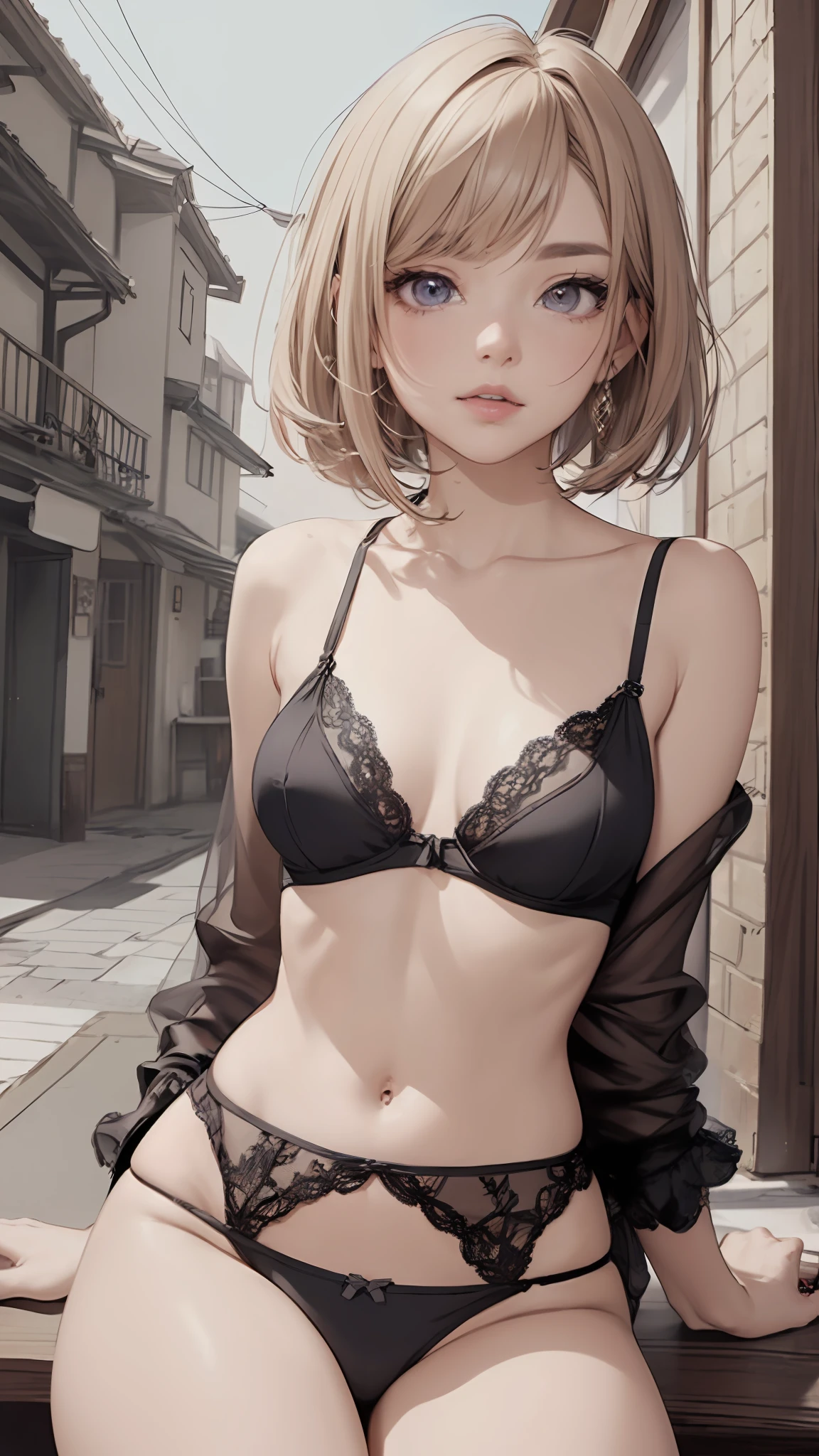 ((Top Quality, 8k, Masterpiece: 1.3)), Photoreality (1.4)), Raw Photo, Single Woman, Light Brown Hair, Bob Cut, Super Delicate Face Japan, Delicate Eyes, Double Eyelids, Light Smile, (Black Underwear with Holes: 1.2), (Big: 2), (Sitting Open Crotch: 1.5), Back Alley, (Chest Focus: 1.2), (Perspective: Chest)