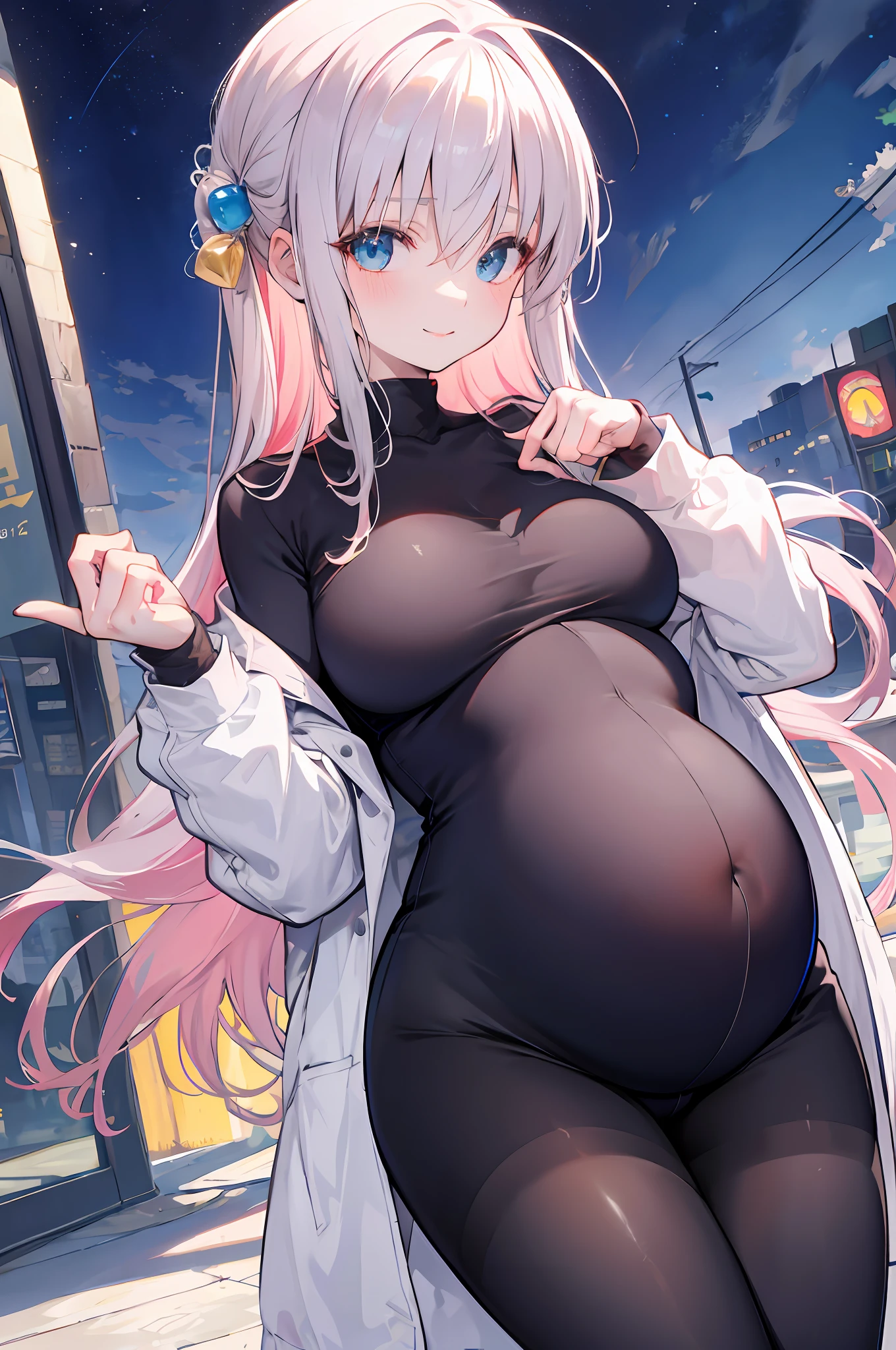 1girll,nightcity,Sateen,coat large,Put your hands in your pockets,Pregnant belly, One-piece tights, cabelos preto e longos, Large breasts, Raised sexy, Charming eyes, ssmile, style of anime, 8K, Super detail, The highest quality pregnant belly, Maternity wear,Maternity wear,Pregnant belly,Pregnant belly