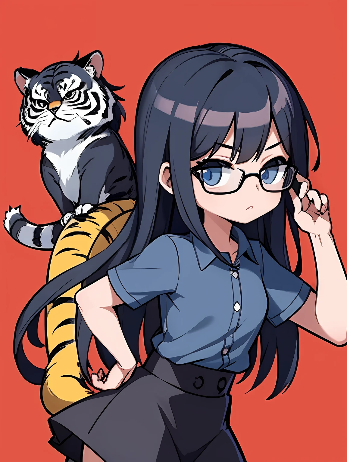1girl in、((masterpiece、top-quality))、(独奏)、(female focus)、(Blue-black hair、length hair)、Tiger print shirt、(Black Round Glasses)、、(Black skirt)、is standing、symple background