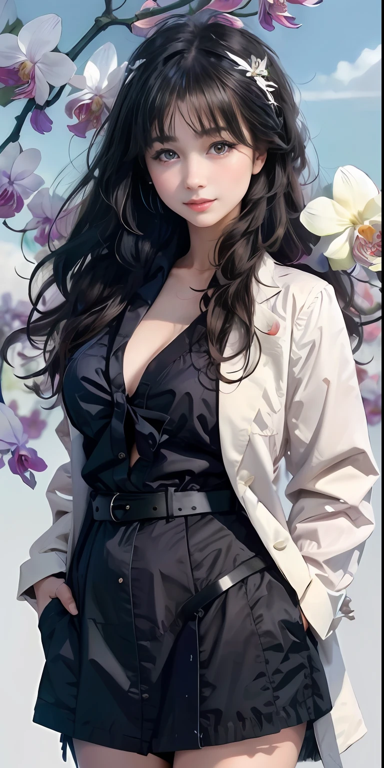 best qualtiy， tmasterpiece， 1girll， beauitful face，an orchid flower，Fluttering orchids， （photograph realistic：1.3）， edge lit， （highdetailskin：1.2）， 8K, Ultra HD， digital SLR camera， high high quality， A high resolution， 4K， 8K， Bokeh， absurderes， Optimal scale pointer， （realisticlying：1.3）， Cute 1girl， Wearing a black formal blazer， mediuml breasts， short  skirt，Simple colorful stitching background，Simple background color and sky blue background，Orchid background，an orchid flower，