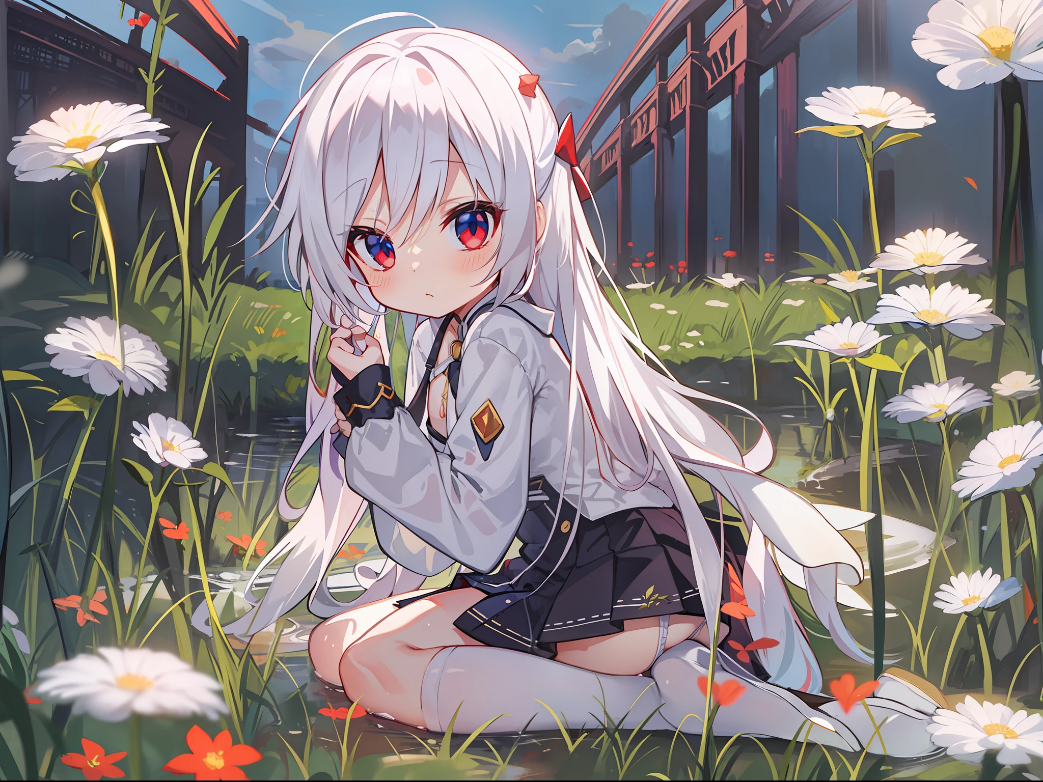 A small ****，A red eye，A blue eye，long  white hair，short  skirt，white stockings，Black round scalp shoes，Sit on grass，Spread your legs apart，white  panties，sunraise，small bridge flowing water，a flat chest，Arms behind you