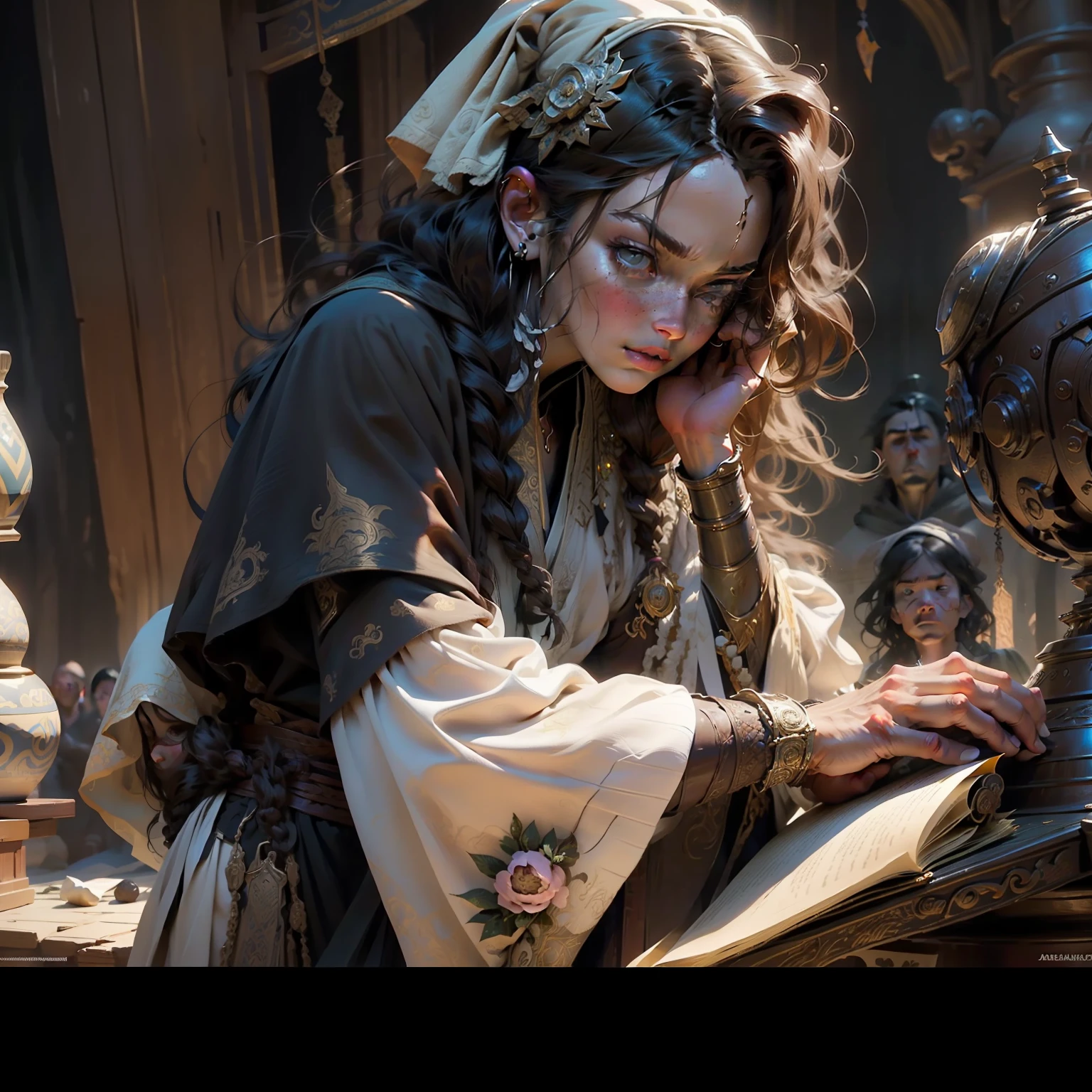 vivid lighting, Side view of a huge ruined room, There is a battle going on, A ruined platform, war, Duo of a woman and a man, side-view, Hi-Def, ultradetail, European facial features, realeme fentezi, Pattern, portraite of a, side glance: woman's, 36yo, dark brown long hair, dark eyes, Frowning, A fighting look into the distance, dressed in an old shabby gray cloak,Beautiful handkerchief, wrapped around her head, Hands raised up, Clarity: 8 months, scenery: side view Huge throne room with large windows, A 36-year-old woman in an old raincoat stands near a throne, Ao fundo, Near the throne, A man hugs a woman by the shoulders, Rear side view: A man hugs a woman by the shoulders, Standing behind the throne of steam (((male)), fashion photography, (Full portrait), (half), 独奏, Detailed background, Detailed Face, (stonepunkAI, Stone theme:1.1), wise, (beautiful hair, braid: 0.2), shaman, The partition is harsh, mysterious, (Gorgeous face), Stunning, The head is tilted upwards, (calm expression on his face), Calm, Intimate Interaction. detailed clothes, realistic skin texture, Clear Focus, voluminous lighting, Good moments, Good shadows, sub-surface Scattering, Complex, Highly detailed, ((film)), dramatic, (Highest Quality, Award-winning, Masterpiece: 1.5), (Realism) Next to them are two men with long hair, wlop and andrei riabovitchev, tuomas korpi and wlop, Darius Zawadzki and Tom Bagshaw, Donato Giancola and Tom Bagshaw, James Gurney and Andreas Rocha, rob rey and kentarõ miura, andreas rocha and john howe