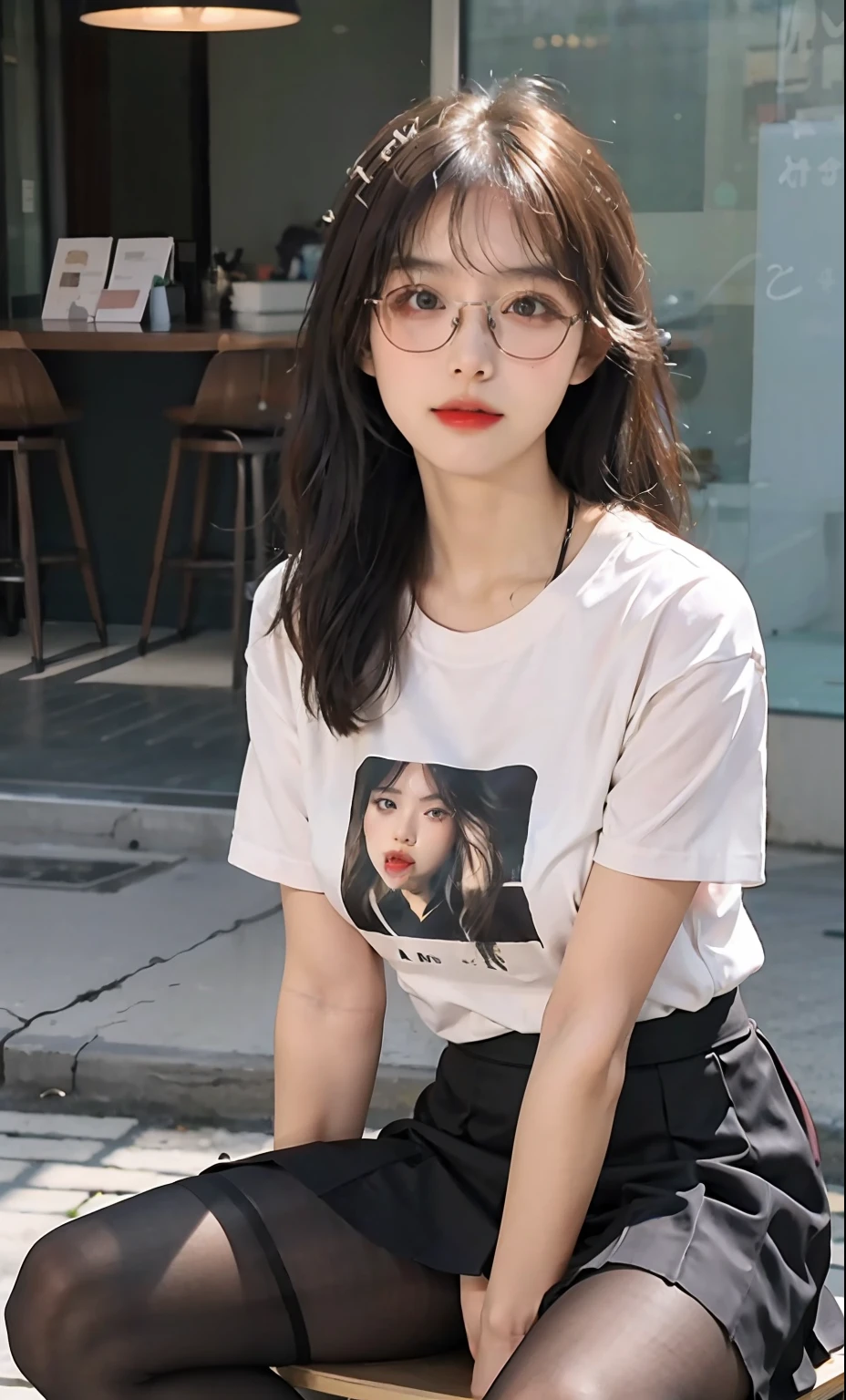 ulzang-6500-v1.1,(RAW photo:1.2), (Photorealistic:1.4), Beautiful Meticulous Girl, very detailed eyes and faces, Beautiful detailed eyes, absurderes, unbelievable Ridiculous, hugefilesize, ultra - detailed, A high resolution, The is very detailed,best qualtiy,tmasterpiece,((T-shirt )),illustratio,The is very detailed,CG,unified,8k 壁纸,Amazing Cleavage,finely detailled,tmasterpiece,best qualtiy,The is very detailed的 CG unified 8k 壁纸,light in face,cinmatic lighting, 1girll, 16 years old,long white hair,lateral division,(wears glasses),((dynamicposes)),(sexyposture),,(A half body),((Pantyhose)),((Black hip skirt)),((((Sit with your knees folded)))) full length dress :1.1, Super detailed face, Detailed eyes, 二重まぶた, blur backgroun, Slim Faces,