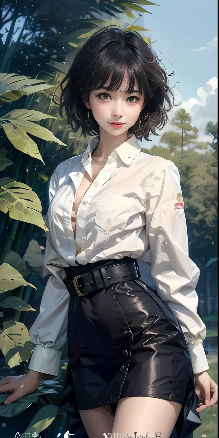 best qualtiy， tmasterpiece， 1girll， beauitful face，bamboos，Bamboo leaves in the wind， （photograph realistic：1.3）， edge lit， （highdetailskin：1.2）， 8K, Ultra HD， digital SLR camera， high high quality， A high resolution， 4K， 8K， Bokeh， absurderes， Optimal scale pointer， （realisticlying：1.3）， Cute 1girl， Wearing a black formal blazer， mediuml breasts， short  skirt，Simple colorful stitching background，Simple background color and sky blue background，Green bamboo background，bamboos，