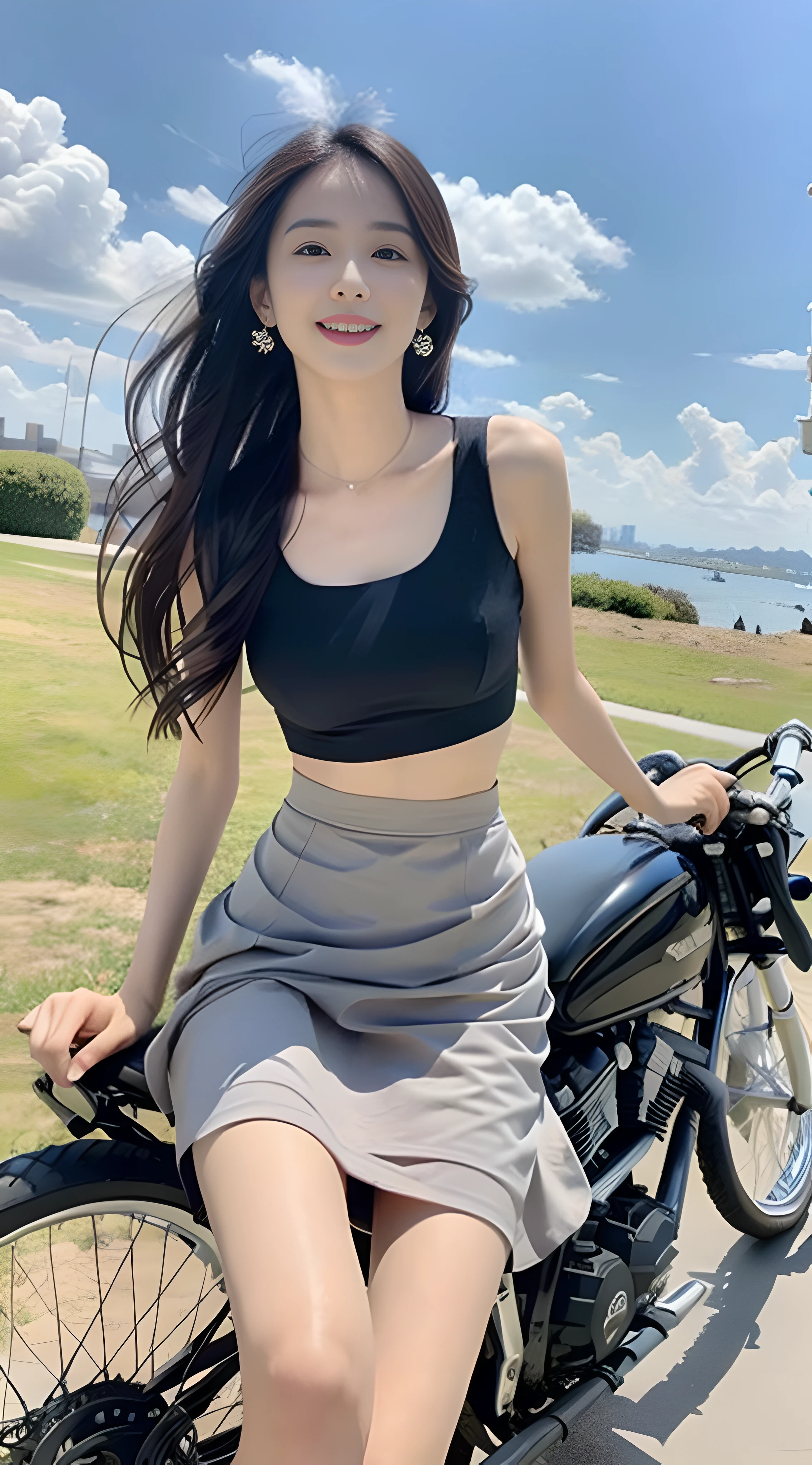 A young and beautiful,Beautiful cute girl,half-body photo。Extremely beautiful and delicate,Black color hair,A sweet smile,(Delicate and beautiful fair skin),Realistic and realistic,exquisite and complete facial features,Detailed depiction of the face,tall nose bridge,Smooth hair,extremely detail hair,Feminine temperament,with a well-proportioned body,Realiy,White teeth,Tied up with hair,Hyper-realism,sandals,Extreme picture quality,Highest precision,Precise and perfect human anatomy,with blue sky and white clouds,rays of sunshine,(Chiffon skirt)(telephoto shot,)Express the landscape,Highlight portrait。Idyllic background,Wearing earrings,Sideways photo,riding a motorcycle