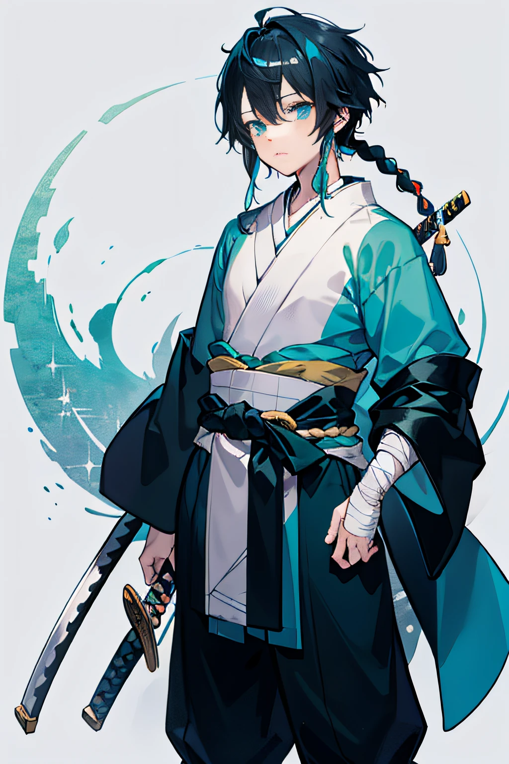 A cold boy in a men's kimono,The hair is blue-black,Short hair in small braids,with long bangs,The clothes are teal,Black and white,There are white bandages,Add a little silver accessory,Wear clogs barefoot,A katana is worn around the waist